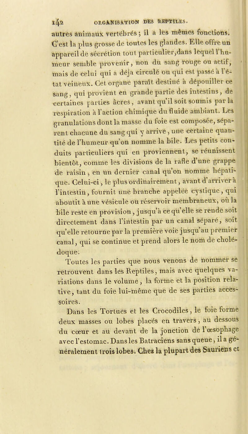 autres animaux vertébrés; il a les mêmes fonctions. C'est la plus grosse de toutes les glandes. Elle offre un appareil de sécrétion tout particulier,dans lequel l'hu- meur semble provenir, non du sang rouge ou actif, mais de celui qui a déjà circulé ou cpii est passé a l'é- tat veineux. Cet organe paraît destiné à dépouiller ce sang, qui provient en grande partie des intestins, de certaines parties acres , avant qu'il soit soumis par la respiration a l'action chimique du fluide ambiant. Les granulations dont la masse du foie est composée, sépa- rent chacune du sang qui y arrive, une certaine quan- tité de l'humeur qu'on nomme la bile. Les petits con- duits particuliers qui en proviennent, se réunissent bientôt, comme les divisions de la rafle d'une grappe de raisin, en un dernier canal qu'on nomme hépati- que. Celui-ci, le plus ordinairement, avant d'arriver à l'intestin, fournit une branche appelée cystique, qui aboutit a une vésicule ou réservoir membraneux, où la bile reste en provision, jusqu'à ce qu elle se rende soit directement dans l'intestin par un canal séparé, soit qu'elle retourne par la première voie jusqu'au premier canal, qui se continue et prend alors le nom de cholé- doque. Toutes les parties que nous venons de nommer se retrouvent dans les Reptiles, mais avec quelques va- riations dans le volume, la forme et la position rela- tive, tant du foie lui-même que de ses parties acces- soires. Dans les Tortues et les Crocodiles, le foie forme deux masses ou lobes placés en travers, au dessous du cœur et au devant de la jonction de l'œsophage avec l'estomac. Dans les Batraciens sans queue, il a gé- néralement trois lobes. Chez la plupart des Sauriens et