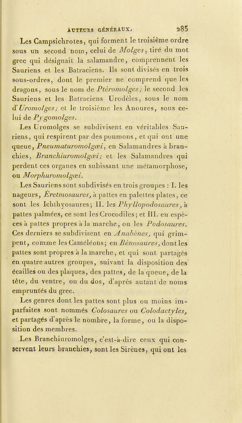 Les Campsichrotes, qui forment le troisième ordre sous un second nom, celui de Molges, tiré du mot grec qui désignait, la salamandre, comprennent les Sauriens et les Batraciens. Ils sont divisés en trois sous-ordres, dont le premier ne comprend que les dragons, sous le nom de Ptéromolgcs; le second les Sauriens et les Batraciens Urodèles, sous le nom (XUromolges; et le troisième les Anoures, sous ce- lui de Pygojnolges. Les Uromolges se subdivisent en véritables Sau- riens, qui respirent par des poumons, et qui ont une queue, Pneumatui'omolgœi, en Salamandres h bran- chies, Brancliiuromolgœi; et les Salamandres qui perdent ces organes en subissant une métamorphose, ou Morphuromolgœi. Les Sauriens sont subdivisés en trois groupes : I. les nageurs, Éretmosaures, à pattes en palettes plates, ce sont les Ichthyosaures ; IL les Phyllopodosaures> à pattes palmées, ce sont les Crocodiles; et III. en espè- ces à pattes propres à la marche, ou les Podosaures. Ces derniers se subdivisent en Anabènes,, qui grim- pent, comme les Caméléons; en Bënosaures, dont les pattes sont propres à la marche, et qui sont partagés en quatre autres groupes, suivant la disposition des écailles ou des plaques, des pattes, de la queue, de la tête, du ventre, ou du dos, d'après autant de noms empruntés du grec. Les genres dont les pattes sont plus ou moins im- parfaites sont nommés Colosaures ou Colodactyles, et partagés d'après le nombre, la forme, ou la dispo- sition des membres. Les Branchiuromolges, c'est-à-dire ceux qui con- servent leurs branchies, sont les Sirènes, qui ont les
