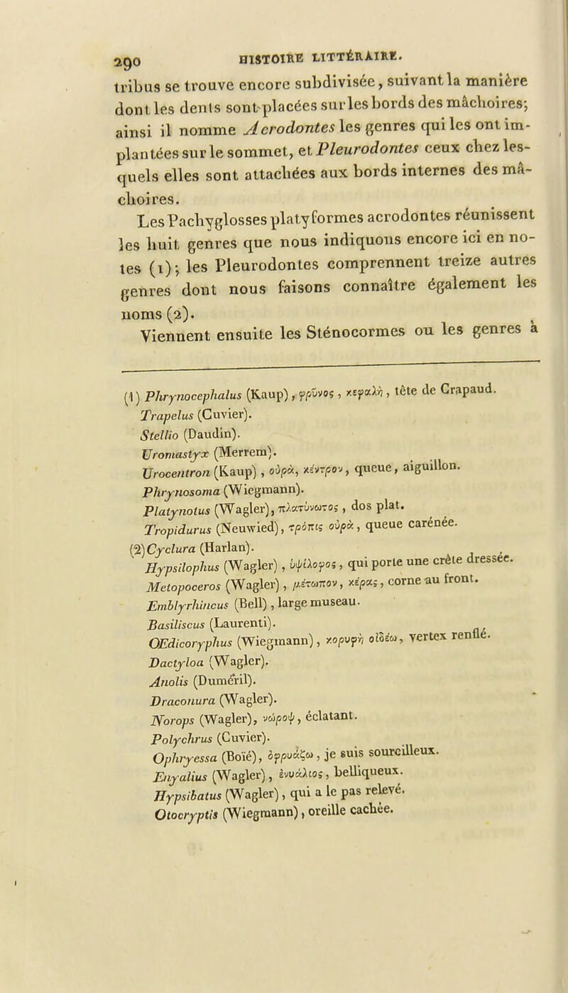tribus se trouve encore subdivisée, suivant la manière dont les dénis sonbplacées surles bords des mâchoires; ainsi il nomme Acrodontes les genres qui les ont im- plantées sur le sommet, etPleurodontes ceux cbez les- quels elles sont attachées aux bords internes des mâ- choires. LesPachyglossesplaty formes acrodontes réunissent les huil, genres que nous indiquons encore ici en no- tes (i); les Pleurodontes comprennent treize autres genres dont nous faisons connaître également les noms (2). Viennent ensuite les Sténocormes ou les genres à (1 ) Phrynacephalus (Kaup), p/sv*9? , xeffltAÀ, tête de Crapaud. Trapelus (Guvier). Stellio (Daudin). Uromastyx (Merrem). Uroeentron (Kaup), oùpù, Ksvrpv, queue, aiguillon. Phrynosoma (Wiegmann). Platynolus (Wagler), ràxtimnoi , dos plat. Tropidurus (Nemvied), tp&w oipà, queue carénée. (2) Cyclura (Harlan). Hypsilophus (Wagler), tyttej>«, qui porte une crête dressée. Metopoceros (Wagler), pérniw», **p*s, corne au front. Emblyrhincus (Bell) , large museau. Basiliscus (Laurenti). OEdicoryphus (Wiegmann), *opw?n oiS&i, vertex rentlé. Dactyloa (Wagler). Anolis (Duméril). Draconura (Wagler). Norops (Wagler), voipo^, éclatant. Polychrus (Cuvier). Ophryessa (Boïé), «f/wiç», je suis sourcilleux. Enyaiius (Wagler), fcvttlM, belliqueux. Hypsibatus (Wagler), qui a Le pas relevé. Otocryptis (Wiegmann), oreille cachée.