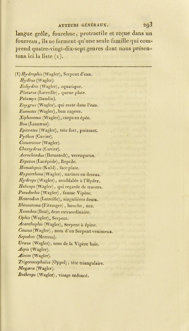 langue grêle, fourchue, protractile et reçue dans un fourreau, ils ne forment qu'une seule famille qui com- prend quatre-vingt-dix-sept genres dont nous présen- tons ici la liste (i). (\)Hydrophis (Wagler), Serpent d'eau. Hydrus (Wagler). Enhydris (Wagler), aquatique. Plalurus (Laireille), queue plate. Pelamys (Daudin). Enygrus (Wagler), qui reste clans l'eau. Eunectes (Wagler), bon nageur. Xiphosoma (Wagler), corps en épée. Boa (Linnœus). Epicrates (Wagler), très fort, puissant. Python (Cuvier). Constrictor (Wagler). Chersydrus (Cuvier). Acrochordus (Hornstedt), verruqueux. Erpeton (Lacépède), Reptile. Homalopsis (Kuhl), face plate. Hypsirrhina (Wagler), narines en dessus. Hydrops (Wagler), semblable à l'Hydre. Helicops (Wagler), qui regarde de travers. Pseudechis (Wagler) , fausse Vipère. Heterodon (Latreille), singulières dents. Rlwiosloma (Fitzinger), bouche, nez. Xenodon (Boïé), dent extraordinaire. Ophis (Wagler), Serpent. Acanthophis (Wagler), Serpent à épine. Cousus (Wagler), nom d'un Serpent venimeux. Sepedon (Merrem). Urœus (Wagler), nom de la Vipère haie. Aspis (Wagler). Alecto (Wagler). Trigonocepkalus (Oppel), tète triangulaire. Megcera (Wagler). Bothrops (Wagler), visage enfoncé.