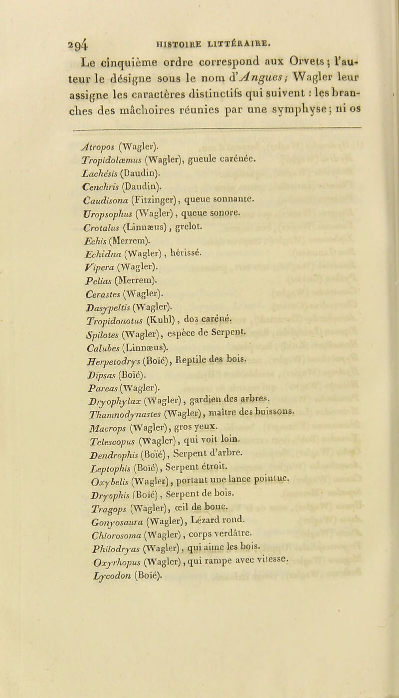 Le cinquième ordre correspond aux Orvets -, l'au- teur le désigne sous le nom à'Angues; Wagler leur assigne les caractères distinctifs qui suivent : les bran- dies des mâclioires réunies par une symphyse; ni os Atropos (Wagler). Tropidolœmus (Wagler), gueule caréuéc. Lachésis (Dautlin). Cenchris (Dauclin). Caudisona (Fitzinger), queue sonnante. Uropsophus (Wagler), queue sonore. Croialus (Linnaeus), grelot. Echis (Merrem). Echidiia (Wagler) , hérissé. Vipera (Wagler). Pelias (Merrem). Cérastes (Wagler). Basypeltis (Wagler). Tropidonotus (Kuhl) , dos caréné. Spilotes (Wagler), espèce de Serpent. Calubes (Linnaeus). Herpetodrys (Boïé), Reptile des bois. Dipsas (Boïé). Pareas (Wagler). Dryophylax (Wagler), gardien des arbres. Thamnodynasles (Wagler), maître des buissons. Macrops (Wagler), gros yeux. Telescopus (Wagler), qui voit loin. DeJidrophis (Boïé), Serpent d'arbre. Leptophis (Boïé), Serpent étroit. Oxybelis (Wagler), portant une lance pointue. Dryophis (Boïé), Serpent de bois. Tragops (Wagler), œil de bouc. Gonyosaura (Wagler), Lézard rond. Chlorosoma (Wagler), corps verdâtrc. Phdodryas (Wagler) , qui aime les bois. Oxyrhopus (Wagler), qui rampe avec vitesse. Lycodon (Boïé).