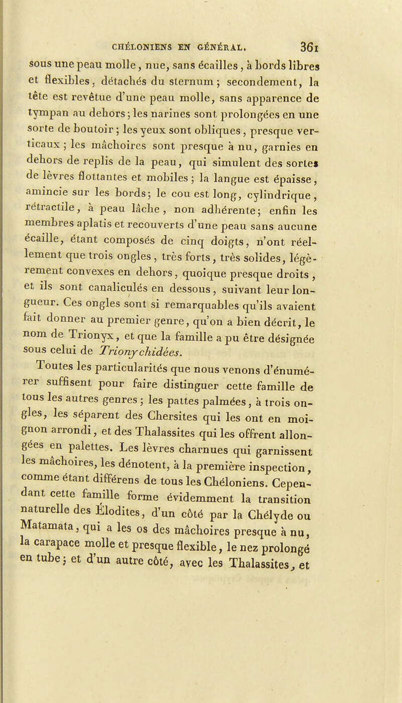 sous une peau molle, nue, sans écailles, à bords libres et flexibles, détachés du sternum; secondement, la tête est revêtue d'une peau molle, sans apparence de tympan au dehors ; les narines sont prolongées en une sorte de boutoir ; les yeux sont obliques, presque ver- ticaux ; les mâchoires sont presque à nu, garnies en dehors de replis de la peau, qui simulent des sorte* de lèvres flottantes et mobiles; la langue est épaisse, amincie sur les bords; le cou est long, cylindrique, rétractile, à peau lâche , non adhéren te ; enfin les membres aplatis et recouverts d'une peau sans aucune écaille, étant composés de cinq doigts, n'ont réel- lement que trois ongles , très forts, très solides, légè- rement convexes en dehors, quoique presque droits , et ils sont canaliculés en dessous, suivant leur lon- gueur. Ces ongles sont si remarquables qu'ils avaient fait donner au premier genre, qu'on a bien décrit, le nom de Trionyx, et que la famille a pu être désignée sous celui de Triony chidées: Toutes les particularités que nous venons d'énumé- rer suffisent pour faire distinguer cette famille de tous les autres genres ; les pattes palmées, à trois on- gles, les séparent des Chersites qui les ont en moi- gnon arrondi, et des Thalassites qui les offrent allon- gées en palettes. Les lèvres charnues qui garnissent les mâchoires, les dénotent, à la première inspection, comme étant différens de tous les Chéloniens. Cepen- dant cette famille forme évidemment la transition naturelle des Élodites, d'un côté par la Chélyde ou Matamata, qui a les os des mâchoires presque à nu, la carapace molle et presque flexible, le nez prolongé en tube; et d'un autre côté, avec les Thalassites, et