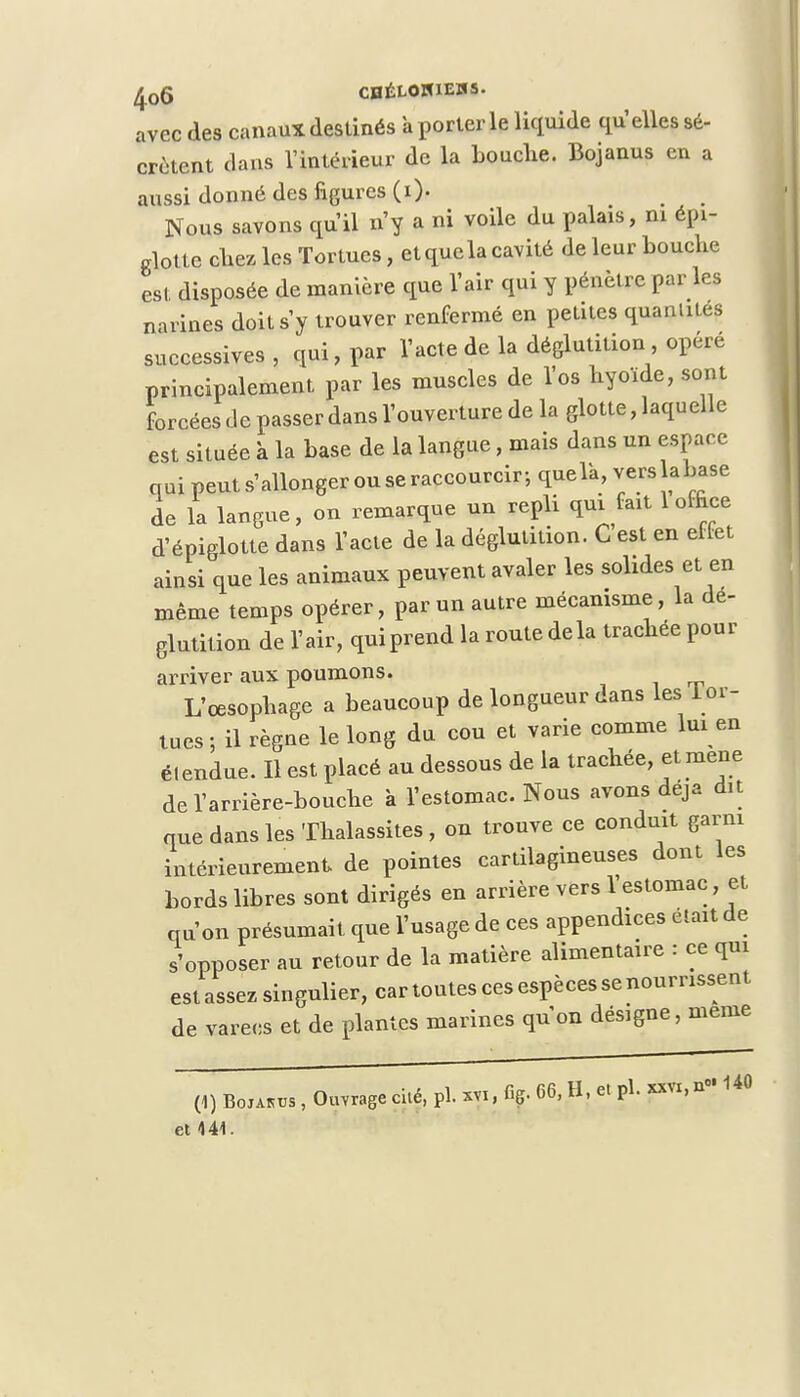 CHÉLOIUEHS. avec des canaux destinés à porter le liquide qu'elles sé- crètent dans l'intérieur de la bouche. Bojanus en a aussi donné des figures (1). Nous savons qu'il n'y a ni voile du palais, ni épi- glottc chez les Tortues, et que la cavité de leur bouche est disposée de manière que l'air qui y pénètre par les narines doit s'y trouver renfermé en petites quaniiies successives, qui, par l'acte de la déglutition opéré principalement par les muscles de l'os hyoïde, sont forcées de passer dans l'ouverture de la glotte, laquelle est située à la base de la langue, mais dans un espace qui peuts'allongerouacraccoumriqnelk, vers Jabase de la langue, on remarque un repli qui fait 1 office d'épiglotte dans l'acte de la déglutition. C est en effet ainsi que les animaux peuvent avaler les solides et en même temps opérer, par un autre mécanisme, la dé- glutition de l'air, qui prend la route delà trachée pour arriver aux poumons. L'œsophage a beaucoup de longueur dans les Tor- tues ; il règne le long du cou et varie comme lui en élendue. Il est placé au dessous de la trachée, et mené de l'arrière-bouche à l'estomac Nous avons deja dit que dans les Thalassites, on trouve ce conduit garni intérieurement de pointes cartilagineuses dont les bords libres sont dirigés en arrière vers l'estomac, et qu'on présumait que l'usage de ces appendices était de s'opposer au retour de la matière alimentaire : ce qui est assez singulier, car toutes ces espèces se nourrissent de varecs et de plantes marines qu'on désigne, même (1) Bo,ak. , Ouvrage cité, pl. im, fif 66, H, e» pl. sxvi, n- 140 et 441.