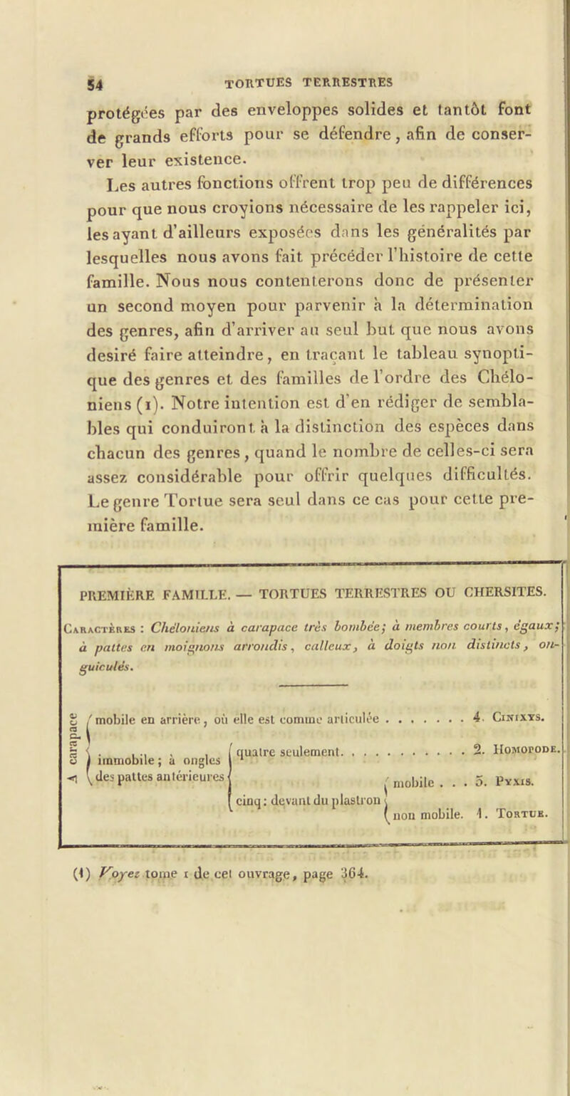 protégées par des enveloppes solides et tantôt font de grands efforts pour se défendre, afin de conser- ver leur existence. Les autres fonctions offrent trop peu de différences pour que nous croyions nécessaire de les rappeler ici, les ayant d’ailleurs exposées dans les généralités par lesquelles nous avons fait précéder l’histoire de cette famille. Nous nous contenterons donc de présenter un second moyen pour parvenir à la détermination des genres, afin d’arriver au seul but que nous avons désiré faire atteindre, en traçant le tableau synopti- que des genres et des familles de l’ordre des Cbélo- niens (i). Notre intention est d'en rédiger de sembla- bles qui conduiront à la distinction des espèces dans chacun des genres , quand le nombre de celles-ci sera assez considérable pour offrir quelques difficultés. Le genre Tortue sera seul dans ce cas pour cette pre- mière famille. PREMIÈRE FAMILLE. — TORTUES TERRESTRES OU CHERSITES. Caractères : Chélonie/is à carapace très bombée; à membres courts, égaux; à pattes en moignons arrondis, calleux, à doigts non distincts, on- guiculés. U /mobile en arrière, où elle est comme articulée 4. CrmxYS.  i j immobile ; à ongles \ des pattes antérieures quatre seulement 2. HoMoronE, mobile . 0. Pyxis. f cinq ; devant du plastron j ç non mobile. 1. Tortue. (t) Ployez tome t de cei ouvrage, page 364.