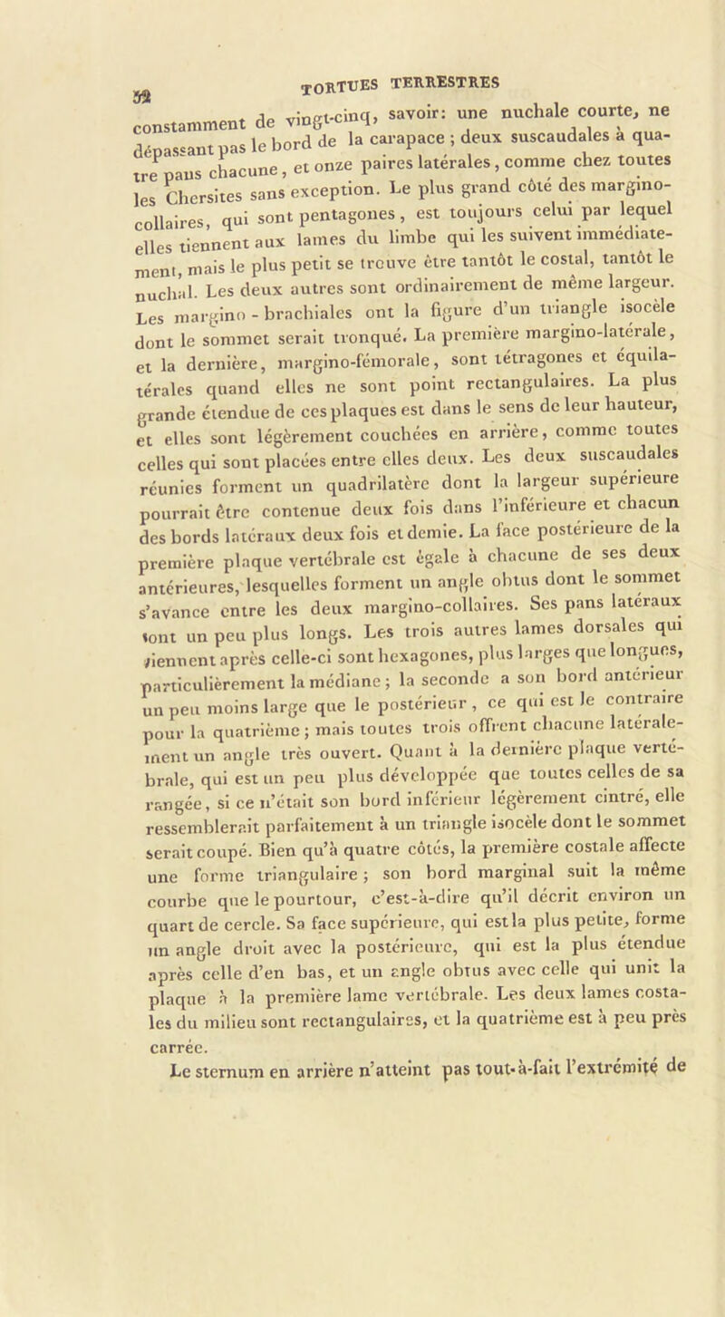 constamment de vingt-cinq, savoir: une nuchale courte, ne dépascantpas le bord de la carapace ; deux suscaudales a qua- tre pans chacune, et onze paires latérales, comme chez toutes les Chersites sans exception. Le plus grand côté des marg.no- collaires qui sont pentagones, est toujours celui par lequel elles tiennent aux lames du limbe qui les suivent immédiate- ment mais le plus petit se trouve être tantôt le costal, tantôt le nuclial. Les deux autres sont ordinairement de meme largeur. Les margino - brachiales ont la figure d’un triangle isocèle dont le sommet serait tronqué. La première margino-latérale, et la dernière, margino-fémorale, sont tétragones et équila- térales quand elles ne sont point rectangulaires. La plus grande étendue de ces plaques est dans le sens de leur hauteur, et elles sont légèrement couchées en arrière, comme toutes celles qui sont placées entre elles deux. Les deux suscaudales réunies forment un quadrilatère dont la largeur supérieure pourrait être contenue deux fois dans l’inférieure et chacun des bords latéraux deux fois et demie. La face postérieure de la première plaque vertébrale est égale à chacune de ses deux antérieures, lesquelles forment un angle obtus dont le sommet s’avance entre les deux margino-collaires. Ses pans latéraux tout un peu plus longs. Les trois autres lames dorsales qui /ienuent après celle-ci sont hexagones, plus Larges que longues, particulièrement la médiane; la seconde a son bord anterieur un peu moins large que le postérieur, ce qui est le conmire pour la quatrième; mais toutes trois offrent chacune latérale- ment un angle très ouvert. Quant à la dernière plaque verté- brale, qui est un peu plus développée que toutes celles de sa rangée, si ce n’était son bord inférieur légèrement cintré, elle ressemblernit parfaitement à un triangle isocèle dont le sommet serait coupé. Bien qu’a quatre cotes, la première costale affecte une forme triangulaire ; son bord marginal .suit la môme courbe que le pourtour, c’est-à-dire qu’il décrit environ un quart de cerele. Sa face supérieure, qui estla plus petite, forme un angle droit avec la postérieure, qui est la plus étendue après celle d’en bas, et un angle obtus avec celle qui unit la plaque à la première lame vertébrale. Les deux lames costa- les du milieu sont rectangulaires, et la quatrième est a peu près carrée. Le sternum en arrière n’atteint pas iout*a-faii l’extremite de