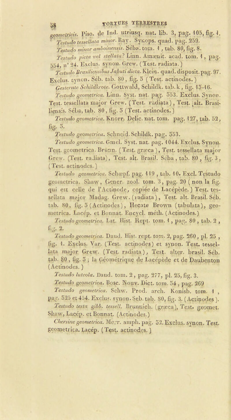 geomclriçis. Pîso. Ind. utriusg. nat. lib. 3, pag. 105, fig. I. ' ' Testu 'do tesseÙata minor. Ray. Synops. qiiad. pag. 259. Testudo minor amboineusis. Séba. tom. 1 , tab. 80, fig. 8. Testudo picta vel stellata? Linn. Araæuit. acad. tom. 1 , pag. 554, n° 24. Exclus, synou. Grew. (Test, radiata. ) Testudo Brasilieiisibus Jajbutidicta. KJein. quad. disposit.pag. 97. Exclus, synon. Séb. tab. 80 , fig. 5 ( Test, actinodes. ) Çesternte Schildkrolc. GoUwald, Scliildk. tab.k , fig. IS-IO’. Testudo geometrica. Liun. Syst. nat. pag. 553. Exclus. Synoii. Test, tessellata major Grew. (Test, radiata), Test. (ait. Brasi> liensîs. Séba, tab. 80, fig. 5 (Test, actinodes. ) Testudo geometrica. Knorr. Délie, nat. tom. pag. 127, tab. 52, fig. 5. Testudo geometrica. Sebneid. Schildk. pag. 553. Testudo geometrica. Gmcl. Syst. nat. pag. 1044. Exclus. Spioil. Test, geometrica. Brünn. (Test, græca ), Test, tessellata major Grew. (Test, radiata), Test. ait. Brasü. Séba , tab. 80, fig. 3, (Test, actinodes. ) Testudo geometrica. Schœpf. pag. 119 , tab. 10. Exel. Teâtudo geometrica. Sba\v, Gener. zool. tom. 3, pag. 20 (non la fig. qui est celle de l’Actinodc, copiée de Lacépède. ) Test, tes- sellata major Madag. Grew. (radiata), Test. ait. Brasil. Séb. tab. 80, fijj. 5 (Actinodes ), Hecate Brown (tabulala), geo- metrica. Lacep. et Bonnat. Eiicycl. méih. (Actinodes.) Testudo geometrica. Lat. Ilist. Rept. tom. 1 , pag. 80 , tab. 2 , fig. 2. Testudo geometrica. Daud. Hist. rept. tom. 2, pag. 260, pl. 25 , lig. 1. Exclus. Var. (Test, actinodes) et synon. Test, lessel- laia major Grew. (Test, radiata). Test, alter. brasil. Séb. tab. 80, fig. 5 ; la géométrique de Lacépède et de Daubenton (Actinodes. ) Testudo luteola. Daud. tom. 2 , pag. 277, pl. 25, fig. 3. Testudo geometrica. Bosc. Noi^v. Dict. tom. 54 , pag. 269 Testudo geometrica. Schw. Prod. arch. Konisb. tom. 1 , pag. 525 et 434. Exclus, synon. Seb. tab. 80, fig. 3. (Actinodes ). Testudo testa gibb. tesselL. Brunnich. (græca), Test, geomet. Shaw, Lacép. et Bonnat. (Actinodes.) Chersinc geometrica. Merr. ampli, pag. 52. Exclus, synon. Test, geometrica. Lacép. (Test, actinodes. )