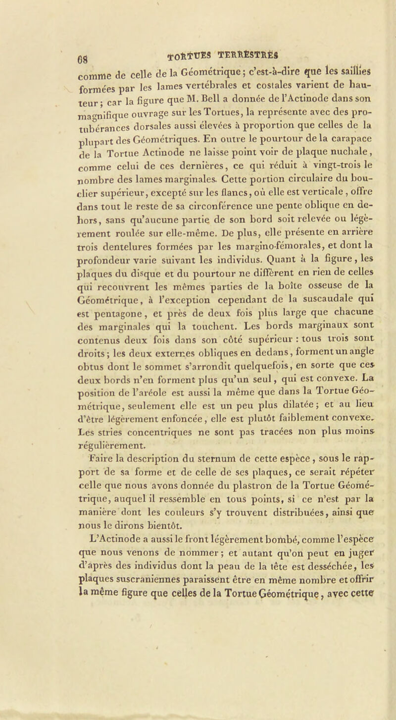 Qg tolltüES TERnÊSTRÈS comme de celle de la Géométrique ; c’est-à-dire que les saillies formées par les lames vertébrales et costales varient de hau- teur • car la figure que M. Bell a donnée de l’Actinode dans son ma^^nifique ouvrage sur les Tortues, la représente avec des pro- tubérances dorsales aussi élevées à proportion que celles de la plupart des Géométriques. En outre le pourtour de la carapace de la Tortue Actinode ne laisse point voir de plaque nucliale, comme celui de ces dernières, ce qui réduit à vingt-trois le nombre des lames marginales. Cette portion circulaire du bou- clier supérieur, excepté sur les flancs, où elle est verticale, offre dans tout le reste de sa circonférence une pente oblique en de- hors, sans qu’aucune partie de son bord soit relevée ou légè- rement roulée sur elle-même. De plus, elle présente en arrière trois dentelures formées par les margino fémorales, et dont la profondeur varie suivant les individus. Quant à la figure, les plaques du disque et du pourtour ne diffèrent en rien de celles qui recouvrent les mêmes parties de la boîte osseuse de la Géométrique, à l’exception cependant de la suscaudale qui est pentagone, et près de deux fois plus large que chacune des marginales qui la touehent. Les bords marginaux sont contenus deux fois dans son côté supérieur : tous trois sont droits; les deux externes obliques en dedans, forment un angle obtus dont le sommet s’arrondit quelquefois, en sorte que ces deux bords n’en forment plus qu’un seul, qui est convexe. La position de l’aréole est aussi la même que dans la Tortue Géo- métrique, seulement elle est un peu plus dilatée; et au lieu d’être légèrement enfoncée, elle est plutôt faiblement convexe. Les stries concentriques ne sont pas tracées non plus moins régulièrement. Faire la description du sternum de cette espèce, sous le rap- port de sa forme et de celle de ses plaques, ce serait répéter celle que nous avons donnée du plastron de la Tortue Géomé- trique, auquel il ressemble en tous points, si ce n’est par la manière dont les couleurs s’y trouvent distribuées, ainsi que nous le dirons bientôt. L’Actinode a aussi le front légèrement bombé, comme l’espèce que nous venons de nommer ; et autant qu’on peut en juger d’après des individus dont la peau de la tête est desséchée, les plaques suscraniennes paraissent être en même nombre et offrir la même figure que celles de la Tortue Géométrique, avec cette