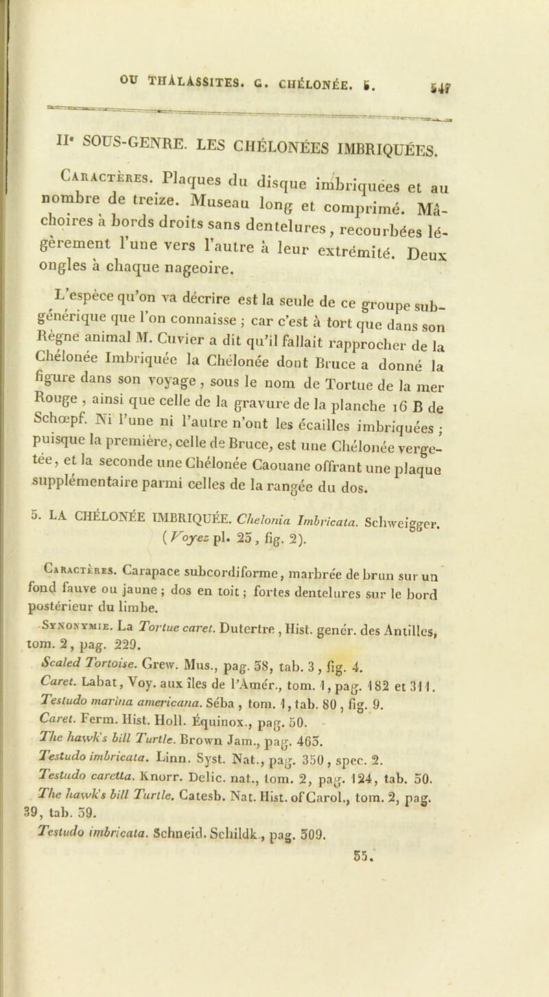 S4f II* SOUS-GENRE. LES CHÉLONÉES IMBRIQUÉES. Camcxèhes. Plaques du disque imbriquées et au uombre de treize. Muse.iu long et comprimé. Mâ- dloires a bords droits sans dentelures, recourbées lé- gercment l’une vers l’autre à leur extrémité. Deux ongles à chaque nageoire. L’espèce qu’on Ta décrire est la seule de ce groupe sub- générique que 1 on connaisse ; car c’est à tort que dans son Répe animal M. Cuvier a dit qu’il fallait rapprocher de la Chélonée Imbriquée la Chélonée dont Bruce a donné la figure dans son voyage , sous le nom de Tortue de la mer Rouge , ainsi que celle de la gravure de la planche i6 B de Schœpf. Ni l’une ni l’autre n’ont les écailles imbriquées ; puisque la première, celle de Bruce, est une Chélonée verge- tée, et la seconde une Chélonée Caouane offrant une plaque supplémentaire parmi celles de la rangée du dos. 5. LA CHÉLONÉE IMBRIQUÉE, aielonia Inibricata. Schweig^cr. ( Voyez pl. 25, fig. 2). Caractères. Carapace subcordiforme, marbrée de brun sur un fond fauve ou jaune ; dos en toit ; fortes dentelures sur le bord postérieur du limbe. Synonymie. La Tor tue caret. Dutertre , Hist. gêner, des Antilles, tom. 2, pag. 229. Scaled Tortoise. Grew. Mus., pag. 58, tab. 3 , fig. 4. Caret. Labat, Voy. aux îles de l’Amer., tom. 1, pag. 182 et 3M. Testudo marina americana. Séba , tom. 1, tab. 80 , fig. 9. Caret. Ferm. Hist. Holl. Équinox., pag. 50. Tlie hawks hill Turile. Brown Jam., pag. 465. Testudo imhricata. Linn. Syst. Nat., pag. 350,spec. 2. Testudo caretla. Knorr. Délie, nat., tom. 2, pag. 124, tab. 50. The hawks bill Turtle. Catesb. Nat. Hist. ofCarol., tom. 2, pag. 39, tab. 59. Testudo imbricata. Schneid. Schildk., pag. 509. 55.