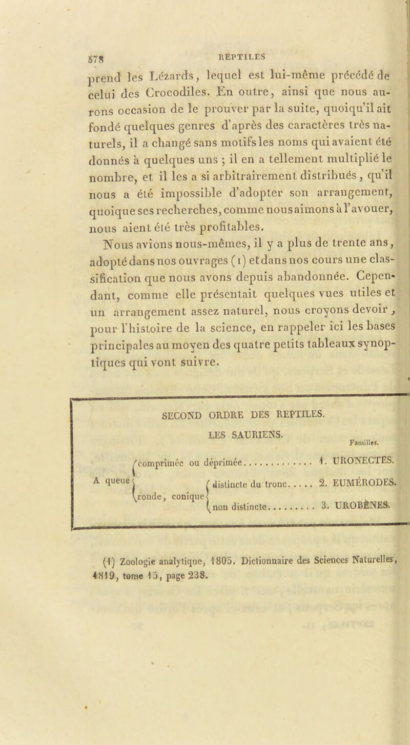 573 prend les Lézards, lequel est lui-même précédé de celui des Crocodiles. .En outre, ainsi que nous au- rons occasion de le prouver par la suite, quoiqu’il ait fondé quelques genres d’après des caractères très na- turels, il a changé sans motifs les noms qui avaient été donnés a quelques uns ; il en a tellement multiplié le nombre, et il les a si arbitrairement distribués, qu’il nous a été impossible d’adopter son arrangement, quoique ses recherches, comme nous aimons al’avouer, nous aient été très profitables. Nous avions nous-mêmes, il y a plus de trente ans, adopté dans nos ouvrages ( i) et dans nos cours une chas- sification que nous avons depuis abandonnée. Cepen- dant, comme elle présentait quelques vues utiles et un arrangement assez naturel, nous croyons devoir , pour l’histoire de la science, en rappeler ici les bases principales au moyen des quatre petits tableaux synop- tiques qui vont suivre. SILCOND ORDRE DES REPTILES. LES SAURIENS. Familles. l'compriméc ou déprimée • • • • b URONECTES. ^ é dislincte du tronc 2. EUMÉRODES. lronde, conique< ^non distincte 3. UROBÈNES. (1) Zoologie analytique, 1805. Dictionnaire des Sciences Naturelles,