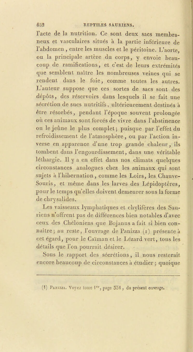 l’acte de la nutrition. Ce sont deux sacs membra- neux et vasculaires situés à la partie inférieure de l’abdomen , entre les muscles et le péritoine. L’aorte, ou la principale artère du corps, y envoie beau- coup de ramifications, et c’est de leurs extrémités que semblent naître les nombreuses veines qui se rendent dans le foie, comme toutes les autres. L’auteur suppose que ces sortes de sacs sont des dépôts, des réservoirs dans lesquels il se fait une sécrétion de sucs nutritifs, ultérieurement destinés k être résorbés, pendant l’époque souvent prolongée où ces animaux sont forcés de vivi’e dans l’abstinence ou le jeûne le plus complet; puisque par l’effet du refroidissement de l’atmospbère, ou par l’action in- verse en apparence d’une trop grande cbaleur, ils tombent dans l’engourdissement, dans une véritable léthargie. Il y a en effet dans nos climats quelques circonstances analogues cbez les animaux qui sont sujets k riiibernation, comme les Loirs, les Chauve- Souris, et même dans les larves des Lépidoptères, pour le temps quelles doivent demeurer sous la forme de chrysalides. Les vaisseaux lymphatiques et chylifères des Sau- riens n’offrent pas de différences bien notables d’avec ceux des Chéloniens que Bojanus a fait si bien con- naître; au reste, l’ouvrage de Panizza (i) présente k cet égard, pour le Caïman et le Lézard vert, tous les détails que l’on pourrait désirer. Sous le rapport des sécrétions, il nous resterait encore beaucoup de circonstances k étudier ; quoique (1) Pasizza. Voyez lome 1“'', page 551 , du présent ouvrage.