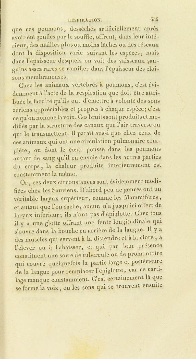 KESinUATlON. G55 que ces poumons, desséchés aitificiellcmeut après avoir été gonflés par le souffle, offrent, dans leur inté- rieur, des mailles plus ou moins lâches ou des réseaux dont la disposition varie suivant les espèces, mais dans l’épaisseur desquels on voit des vaisseaux san- guins assez rai'es se ramifier dans l’épaisseur des cloi- sons membraneuses. Chez les animaux vertébrés à poumons, c’est évi- demment à l’acte de la respii’ation que doit être attri- buée la faculté qu’ils ont d’émettre à volonté des sons aériens appréciables et propres à chaque espèce; c’est ce qu’on nomme la voix. Ces bruits sont produits et mo- difiés par la structure des canaux que l’air traverse ou qui le transmettent. Il paraît aussi que chez ceux de ces animaux qui ont, une circulation pulmonaire com- plète, ou dont le cœur pousse dans les poumons autant de sang qu’il en envoie dans les autres parties du corps, la chaleur produite intérieurement est constamment la même. Or, ces deux circonstances sont évidemment modi- fiées chez les Sauriens. D’abord peu de genres ont un véritable larynx supérieur, comme les Mammifères, et autant que l’on sache, aucun n’a jusqu’ici offert de larynx inférieur; ils n’ont pas d épiglotte. Chez tous il y a une glotte offrant une fente longitudinale qui s’ouvre dans la bouche en arrière de la langue. 11 y a des muscles qui servent à la distendre et à la clore , à l’élever ou à l’abaisser, et qui par leur présence constituent une sorte de tubercule ou de promontoire qui couvre quelquefois la partie large et postérieure de la langue pour remplacer l’épiglotte, car ce carti- lage manque constamment. C’est certainement la que se forme la voix, ou les sons qui se trouvent ensuite