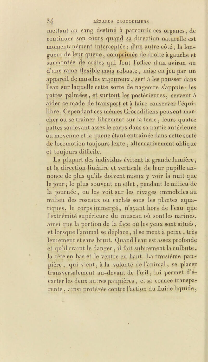 mettant au sang destiné à parcourir ces organes, de continuer son cours quand sa dirpction naturelle est monientanépient interceptée; d’un autre côté, la lon- gueur de leur queue , comprimée de droite à gauche et surmontée de crêtes qui font l’office d’un aviron ou d’une rame flexjhle mais robuste, mise en jeu par un appareil de muscles vigoureux, sert à les pousser dans l’eau sur laquelle cette sorte de nageoire s’appuie ; les pattes palmées, et surtout les postérieures, servent à aider ce mode de transport et à faire conserver l’équi- libre. Cependant ces mêmes Grocodiliens peuvent mar- cher ou se traîner librement sur la terre, leurs quatre pattes soulevant assez le corps dans sa partie antérieure ou moyenne et la queue étant entraînée dans cette sorte de locomotion toujours lente , alternativement oblique et toujours difficile. La plupart des individus évitent la grande lumière, et la direction linéaire et verticale de leur pupille an- nonce de plus qu’ils doivent mieux y voir la nuit que le jour ; le plus souvent en ellet, pendant le milieu de la journée, on les voit sur les rivages immobiles au milieu des roseaux ou cachés sous les plantes aqua- tiques, le corps immergé, n’ayant hors de l’eau que l'extrémité supérieure du museau où sontles narines, ainsi que la portion de la face où les yeux sont situés , et lorsque l’animal se déplace , il se meut à peine , très lentement et sans bruit. Quand l’eau est assez profonde et qu’il craint le danger, il fait subitement la culbute, la tête en bas et le ventre en haut. La troisième pau- pière , qui vient, à la volonté de l’animal, se placer transversalement au-devant de l’œil, lui permet d’é- carter les deux autres paupières , et sa cornée transpa- rente , ainsi protégée contre l’actipn du fluide liquide,