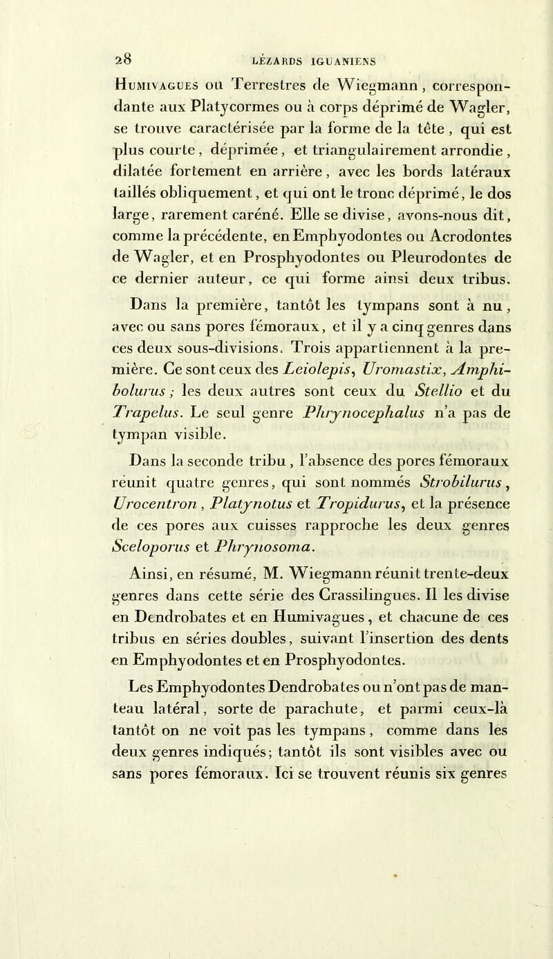 Humivagues ou Terrestres de Wiegmann, correspon- dante aux Platycormes ou à corps déprimé de Wagler, se trouve caractérisée par la forme de la tête , qui est plus courte , déprimée, et triangulairement arrondie , dilatée fortement en arrière, avec les bords latéraux taillés obliquement, et qui ont le tronc déprimé, le dos large, rarement caréné. Elle se divise, avons-nous dit, comme la précédente, en Emphyodontes ou Acrodontes de Wagler, et en Prosphyodontes ou Pleurodontes de ce dernier auteur, ce qui forme ainsi deux tribus. Dans la première, tantôt les tympans sont à nu, avec ou sans pores fémoraux, et il y a cinq genres dans ces deux sous-divisions. Trois appartiennent à la pre- mière. Ce sont ceux des Leio/epis, Uromastix, Amplxi- bolwus ; les deux autres sont ceux du Stellio et du Trapelus. Le seul genre Phrynocephalus n’a pas de tympan visible. Dans la seconde tribu , l’absence des pores fémoraux réunit quatre genres, qui sont nommés Strobilurus, Urocentron , Platynotus et Tropidurus, et la présence de ces pores aux cuisses rapproche les deux genres Sceloporus et Phryuosoma. Ainsi, en résumé, M. Wiegmann réunit trente-deux genres dans cette série des Crassilingues. Il les divise en Dendrobates et en Humivagues , et chacune de ces tribus en séries doubles, suivant l’insertion des dents en Emphyodontes et en Prosphyodontes. Les Emphyodontes Dendrobates ou n’ont pas de man- teau latéral, sorte de parachute, et parmi ceux-là tantôt on ne voit pas les tympans, comme dans les deux genres indiqués ; tantôt ils sont visibles avec ou sans pores fémoraux. Ici se trouvent réunis six genres