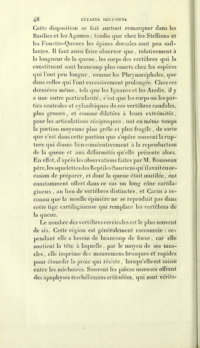 Cette disposition se fait surtout remarquer dans les Basilics et les Agames ; tandis que cliez les Stellions et les Fouette-Queues les épines dorsales sont peu sail- lantes. Il faut aussi faire observer que , relativement à la longueur de la queue, les corps des vertèbres qui la constituent sont beaucoup plus courts chez les espèces qui l’ont peu longue , comme les Phrynocéphales, que dans celles qui l’ont excessivement prolongée. Chez ces dernières même, tels que les Iguanes et les Anolis, il y a une autre particularité ; c’est que les corps ou les par- ties centrales et cylindriques de ces vertèbres caudales, plus grosses, et comme dilatées à leurs extrémités , pour les articulations réciproques , ont en même temps la portion moyenne plus grêle et plus fragile , de sorte que c’est dans cette portion que s’opère souventla rup- ture qui donne lieu consécutivement à la reproduction de la queue et aux difformités qu’elle présente alors. En effet, d’après les observations faites parM. Rousseau père,les squelettes des Reptiles Sauriens qu’il avait eu oc- casion de préparer, et dont la queue était mutilée, ont constamment olïert dans ce cas un long cône cartila- gineux , au lieu de vertèbres distinctes , et Carus a re- connu que la moelle épinière ne se reproduit pas dans cette tige cartilagineuse qui remplace les vertèbres de la queue. Le nombre des vertèbres cervicales est le plus souvent de six. Cette région est généralement raccourcie : ce- pendant elle a besoin de beaucoup de force, car elle soutient la tête à laquelle , par le moyen de ses mus- cles, elle imprime des mouvemens brusques et rapides pour étourdir la proie qui résiste, lorsqu’elle est saisie entre les mâchoires. Souvent les pièces osseuses offrent des apophyses trachéliennes articulées, qui sont vérita-