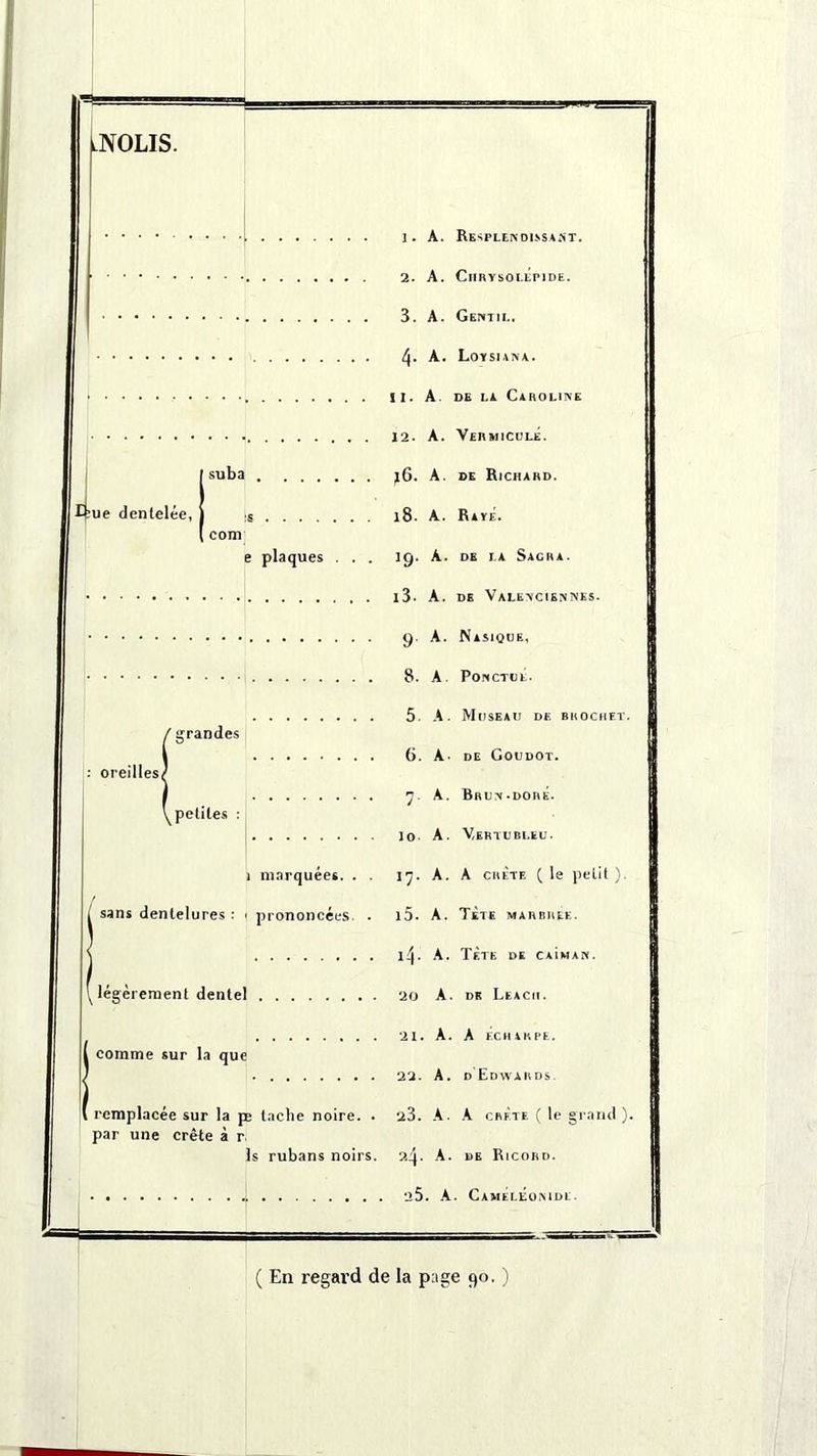 NOUS. [ suba Bme dentelée, ' e plaques . . . (grandes petites : i marquées. . sans dentelures : i prononcées. légèrement dentel comme sur la que remplacée sur la pe tache noire. . par une crête à r. 1s rubans noirs. j. A. Resplendissant. 2. A. ClIRYSOLLPIDE. 3. A. Gentil. 4- A. Loysiana. 11. A de i.i Caroline 12. A. Vermicule. j6. A. de Richard. 18. A. Raye. 19. A. de la Sacra. 13- A. de Valenciennes. 9. A. Nasique, 8. A. Ponctue. 5. A. Museau de brochet. (j. A- de Goudot. 7. A. Brun-doré. lo A. Vertubleu. 17. A. A crête ( le petit ). i5. A. Tète marbrée. 14- A. Tète de caIman. 20 A. DK Leacii. 21. A. A Écharpe. 22. A. d Edwards. 23. A. A crête ( le grand ). 2q. A. de Ricord. 25. A. CamÉlÉonidl. ( En regard de la page 90. )