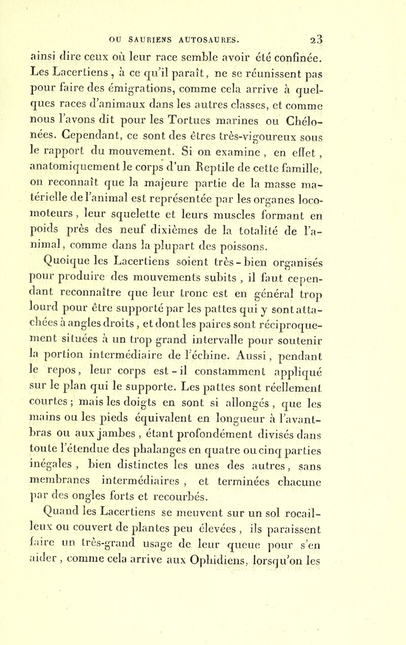 ainsi cîire ceux où leur race semble avoir été confinée. Les Lacertiens , à ce qu’il paraît, ne se réunissent pas pour faire des émigrations, comme cela arrive à quel- ques races d’animaux dans les autres classes, et comme nous l’avons dit pour les Tortues marines ou Chélo- nées. Cependant, ce sont des êtres très-vigoureux sous le rapport du mouvement. Si on examine , en effet , anatomiquement le corps d’un Eeptile de cette famille, on reconnaît que la majeure partie de la masse ma- térielle de l’animal est représentée par les organes loco- moteurs , leur squelette et leurs muscles formant en poids près des neuf dixièmes de la totalité de l’a- nimal, comme dans la plupart des poissons. Quoique les Lacertiens soient très-bien organisés pour produire des mouvements subits , il faut cepen- dant reconnaître que leur tronc est en général trop lourd pour être supporté par les pattes qui y sont atta- chées à angles droits, et dont les paires sont réciproque- ment situées à un trop grand intervalle pour soutenir la portion intermédiaire de l’échine. Aussi, pendant le repos, leur corps est - il constamment appliqué sur le plan qui le supporte. Les pattes sont réellement courtes ; mais les doigts en sont si allongés , que les mains ou les pieds équivalent en longueur à l’avant- bras ou aux jambes, étant profondément divisés dans toute l’étendue des phalanges en quatre ou cinq parties inégales , bien distinctes les unes des autres, sans membranes intermédiaires , et terminées chacune par des ongles forts et recourbés. Quand les Lacertiens se meuvent sur un sol rocail- leux ou couvert de plantes peu élevées , iis paraissent faire un très-grand usage de leur queue pour s’en aider , comme cela arrive aux Ophidiens, lorsqu’on les