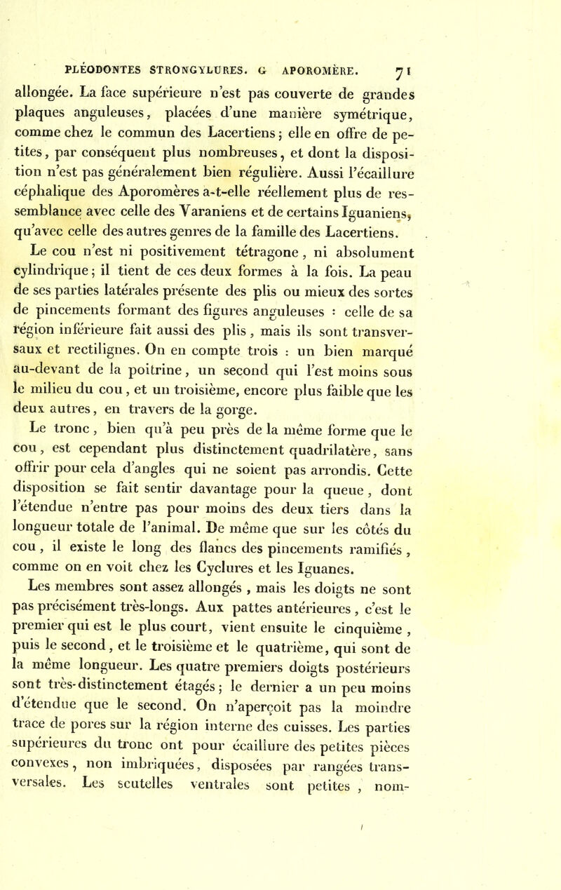 allongée. La face supérieure n’est pas couverte de grandes plaques anguleuses, placées d’une manière symétrique, comme chez le commun des Lacertiens ; elle en offre de pe- tites, par conséquent plus nombreuses, et dont la disposi- tion n’est pas généralement bien régulière. Aussi l’écaillure céphalique des Aporomères a-t-elle réellement plus de res- semblance avec celle des Yaraniens et de certains ïguaniens, qu’avec celle des autres genres de la famille des Lacertiens. Le cou n’est ni positivement tétragone, ni absolument cylindrique ; il tient de ces deux formes à la fois. La peau de ses parties latérales présente des plis ou mieux des sortes de pincements formant des figures anguleuses : celle de sa région inférieure fait aussi des plis , mais ils sont transver- saux et rectilignes. On en compte trois : un bien marqué au-devant de la poitrine, un second qui l’est moins sous le milieu du cou, et un troisième, encore plus faible que les deux autres, en travers de la gorge. Le tronc, bien qu’à peu près de la meme forme que le cou, est cependant plus distinctement quadrilatère, sans offrir pour cela d’angles qui ne soient pas arrondis. Cette disposition se fait sentir davantage pour la queue, dont l’étendue n’entre pas pour moins des deux tiers dans la longueur totale de l’animal. De meme que sur les côtés du cou , il existe le long des flancs des pincements ramifiés , comme on en voit chez les Cyclures et les Iguanes. Les membres sont assez allongés , mais les doigts ne sont pas précisément très-longs. Aux pattes antérieures , c’est le premier qui est le plus court, vient ensuite le cinquième, puis le second, et le troisième et le quatrième, qui sont de la même longueur. Les quatre premiers doigts postérieurs sont très-distinctement étagés; le dernier a un peu moins détendue que le second. On n’aperçoit pas la moindre trace de pores sur la région interne des cuisses. Les parties supérieures du tronc ont pour écaillure des petites pièces convexes, non imbriquées, disposées par rangées trans- versales. Les scutelles ventrales sont petites , nom-