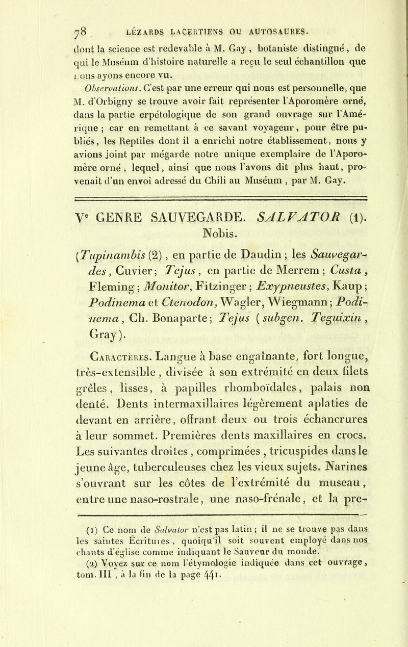 dont la science est redevable à M. Gay , botaniste distingué , de qui le Muséum d’histoire naturelle a reçu le seul échantillon que lions ayons encore vu. Observations. C’est par une erreur qui nous est personnelle-, que M. d’Orbigny se trouve avoir fait représenter l’Aporomère orné, dans la partie erpétologique de son grand ouvrage sur l’Amé- rique ; car en remettant à ce savant voyageur, pour être pu- bliés, les Reptiles dont il a enrichi notre établissement, nous y avions joint par mégarde notre unique exemplaire de l’Aporo- mère orné , lequel, ainsi que nous l’avons dit plus haut, pro- venait d’un envoi adressé du Chili au Muséum , par M. Gay. Ve GENRE SAUVEGARDE. SA LV AT O R (1). Nobis. [Tupinambis (2), en partie de Daudin ; les Sauvegcir- des, Cuvier; Te jus , en partie de Merrem ; Custa , Fleming ; Monitor, Fitzinger ; Exypneustes, Kaup ; Podinema et Ctenodon, Wagler, Wiegmann ; Podi- uema , Ch. Bonaparte ; Tejus ( subgcn. Teguixin , Gray). Caractères. Langue à base engainante, fort longue, très-extensible , divisée à son extrémité en deux filets grêles, lisses, à papilles rbomboïdales, palais non denté. Dents intermaxillaires légèrement aplaties de devant en arrière, offrant deux ou trois échancrures à leur sommet. Premières dents maxillaires en crocs. Les suivan tes droites , comprimées , tricuspides dans le jeune âge, tuberculeuses chez les vieux sujets. Narines s’ouvrant sur les côtes de l’extrémité du museau, entre une naso-rostrale, une naso-frénale, et la prê- te Ce nom de Salvalor n’est pas latin; il ne se trouve pas dans les saintes Écritures , quoiqu’il soit souvent employé dans nos chants d’église comme indiquant le Sauveur du monde. (2) Voyez sur ce nom l'étymologie indiquée dans cet ouvrage,
