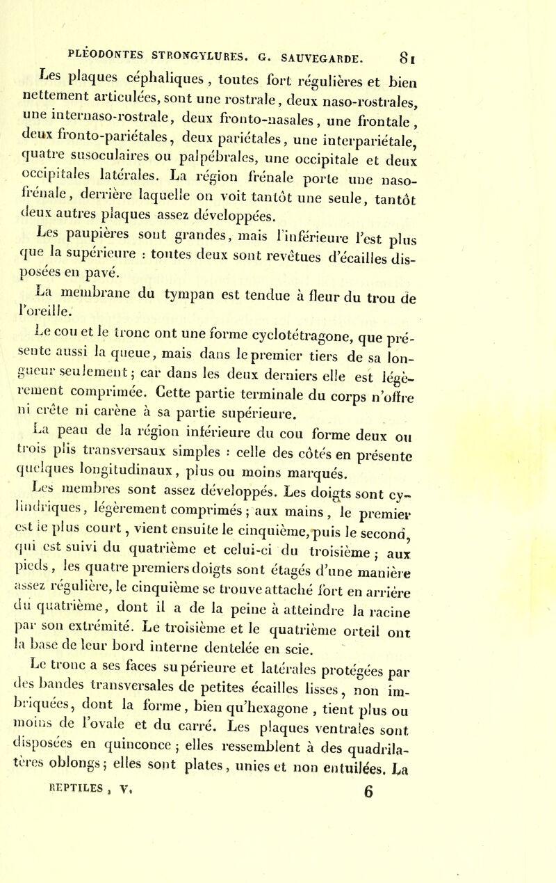 Les plaques céphaliques, toutes fort régulières et bien nettement articulées, sont une rostrale, deux naso-rostrales, une internaso-rostrale, deux fronto-nasales, une frontale, deux fronto-pariétales, deux pariétales, une interpariétale, quatre susoculaires ou palpébrales, une occipitale et deux occipitales latérales. La région frênaie porte une naso- frénale, derrière laquelle on voit tantôt une seule, tantôt deux autres plaques assez développées. Les paupières sont grandes, mais l’inférieure lest plus que la supérieure : toutes deux sont revêtues d’écailles dis- posées en pavé. La membrane du tympan est tendue à fleur du trou de foreille. Le cou et le tronc ont une forme cyclotétragone, que pré- sente aussi la queue, mais dans le premier tiers de sa lon- gueur seulement ; car dans les deux derniers elle est légè- rement comprimée. Cette partie terminale du corps n offre ni crete ni caréné à sa partie supérieure. La peau de la région inférieure du cou forme deux ou trois plis transversaux simples : celle des côtés en présente quelques longitudinaux, plus ou moins marqués. Les membres sont assez développés. Les doigts sont cy- lindriques, légèrement comprimés ; aux mains, le premier est le plus court, vient ensuite le cinquième,puis le second, qui est suivi du quatrième et celui-ci du troisième; aux pieds, les quatre premiers doigts sont étagés dune manière assez régulière, le cinquième se trouve attaché fort en arrière du quatrième, dont il a de la peine à atteindre la racine par son extrémité. Le troisième et le quatrième orteil ont la base de leur bord interne dentelée en scie. Le tronc a ses faces supérieure et latérales protégées par des bandes transversales de petites écailles lisses, non im- briquées, dont la forme, bien qu’hexagone , tient plus ou moins de l’ovale et du carré. Les plaques ventrales sont disposées en quinconce • elles ressemblent à des quadrila- tèies oblongs; elles sont plates, unies et non entuilées. La REPTILES , V. g