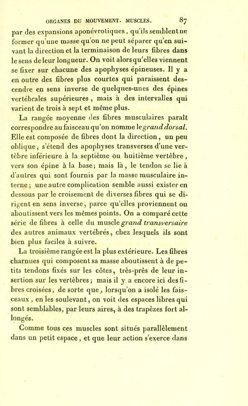 par des expansions aponévrotiques , qu’ils semblent ne former qu’une masse qu’on ne peut séparer qu’en sui- vant la direction et la terminaison de leurs fibres dans le sens de leur longueur. On voit alors qu’elles viennent se fixer sur chacune des apophyses épineuses. Il y a en outre des fibres plus courtes qui paraissent des- cendre en sens inverse de quelques-unes des épines vertébrales supérieures , mais à des intervalles qui varient de trois à sept et même plus. La rangée moyenne des fibres musculaires paraît correspondre au faisceau qu’on nomme 1 e grand dorsal. Elle est composée de fibres dont la direction, un peu oblique, s’étend des apophyses transverses d’une ver- tèbre inférieure à la septième ou huitième vertèbre , vers son épine à la base; mais là, le tendon se lie à d’autres qui sont fournis par la masse musculaire in- terne ; une autre complication semble aussi exister en dessous par le croisement de diverses fibres qui se di- rigent en sens inverse, parce qu’elles proviennent ou aboutissent vers les mêmes points. On a comparé cette série défibrés à celle du muscl e grand transversaire des autres animaux vertébrés, chez lesquels ils sont bien plus faciles à suivre. La troisième rangée est la plus extérieure. Les fibres charnues qui composent sa masse aboutissent à de pe- tits tendons fixés sur les côtes, très-près de leur in- sertion sur les vertèbres ; mais il y a encore ici des fi- bres croisées, de sorte que, lorsqu’on a isolé les fais- ceaux , en les soulevant, on voit des espaces libres qui sont semblables, par leurs aires, à des trapèzes fort al- longés. Comme tous ces muscles sont situés parallèlement dans un petit espace, et que leur action s’exerce dans
