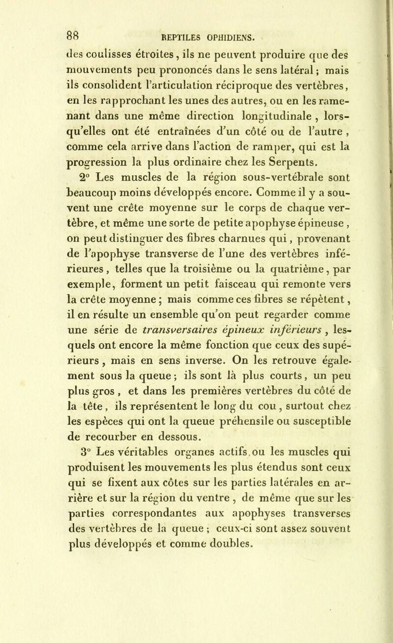 des coulisses étroites, ils ne peuvent produire que des mouvements peu prononcés dans le sens latéral ; mais ils consolident l’articulation réciproque des vertèbres, en les rapprochant les unes des autres, ou en les rame- nant dans une même direction longitudinale , lors- qu’elles ont été entraînées d’un côté ou de l’autre , comme cela arrive dans l’action de ramper, qui est la progression la plus ordinaire chez les Serpents. 2° Les muscles de la région sous-vertébrale sont beaucoup moins développés encore. Comme il y a sou- vent une crête moyenne sur le corps de chaque ver- tèbre, et même une sorte de petite apophyse épineuse , on peut distinguer des fibres charnues qui, provenant de l’apophyse transverse de l’une des vertèbres infé- rieures , telles que la troisième ou la quatrième, par exemple, forment un petit faisceau qui remonte vers la crête moyenne ; mais comme ces fibres se répètent, il en résulte un ensemble qu’on peut regarder comme une série de transversaires épineux inférieurs, les- quels ont encore la même fonction que ceux des supé- rieurs , mais en sens inverse. On les retrouve égale- ment sous la queue ; ils sont là plus courts, un peu plus gros , et dans les premières vertèbres du côté de la tête , ils représentent le long du cou, surtout chez les espèces qui ont la queue préhensile ou susceptible de recourber en dessous. 3° Les véritables organes actifs, ou les muscles qui produisent les mouvements les plus étendus sont ceux qui se fixent aux côtes sur les parties latérales en ar- rière et sur la région du ventre , de même que sur les parties correspondantes aux apophyses transverses des vertèbres de la queue ; ceux-ci sont assez souvent plus développés et comme doubles.