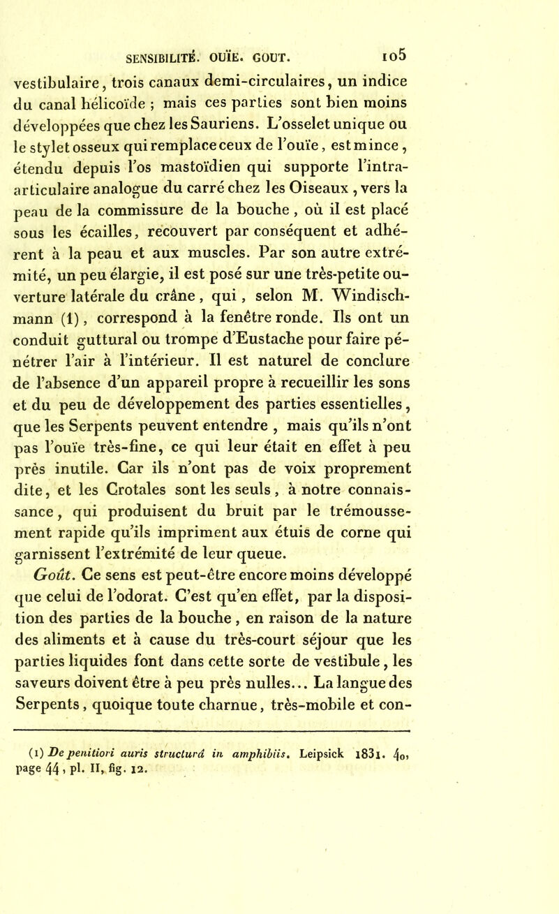 SENSIBILITÉ. OUÏE. GOUT. Iû5 vestibulaire, trois canaux demi-circulaires, un indice du canal hélicoïde ; mais ces parties sont bien moins développées que chez les Sauriens. L'osselet unique ou le style t osseux qui remplace ceux de l’ouïe, est m ince , étendu depuis l’os mastoïdien qui supporte l’intra- articulaire analogue du carré chez les Oiseaux , vers la peau de la commissure de la bouche , où il est placé sous les écailles, recouvert par conséquent et adhé- rent à la peau et aux muscles. Par son autre extré- mité, un peu élargie, il est posé sur une très-petite ou- verture latérale du crâne, qui, selon M. Windisch- mann (1), correspond à la fenêtre ronde. Ils ont un conduit guttural ou trompe d’Eustache pour faire pé- nétrer l’air à l’intérieur. Il est naturel de conclure de l’absence d’un appareil propre à recueillir les sons et du peu de développement des parties essentielles, que les Serpents peuvent entendre , mais qu’ils n’ont pas l’ouïe très-fine, ce qui leur était en effet à peu près inutile. Car ils n’ont pas de voix proprement dite, et les Crotales sont les seuls , à notre connais- sance , qui produisent du bruit par le trémousse- ment rapide qu’ils impriment aux étuis de corne qui garnissent l’extrémité de leur queue. Goût. Ce sens est peut-être encore moins développé que celui de l’odorat. C’est qu’en effet, par la disposi- tion des parties de la bouche, en raison de la nature des aliments et à cause du très-court séjour que les parties liquides font dans cette sorte de vestibule, les saveurs doivent être à peu près nulles... La langue des Serpents , quoique toute charnue, très-mobile et con- (i) Depenitiori auris structura in amphibiis. Leipsick lS31. 40î page 44 » Pb H* fig. 12.