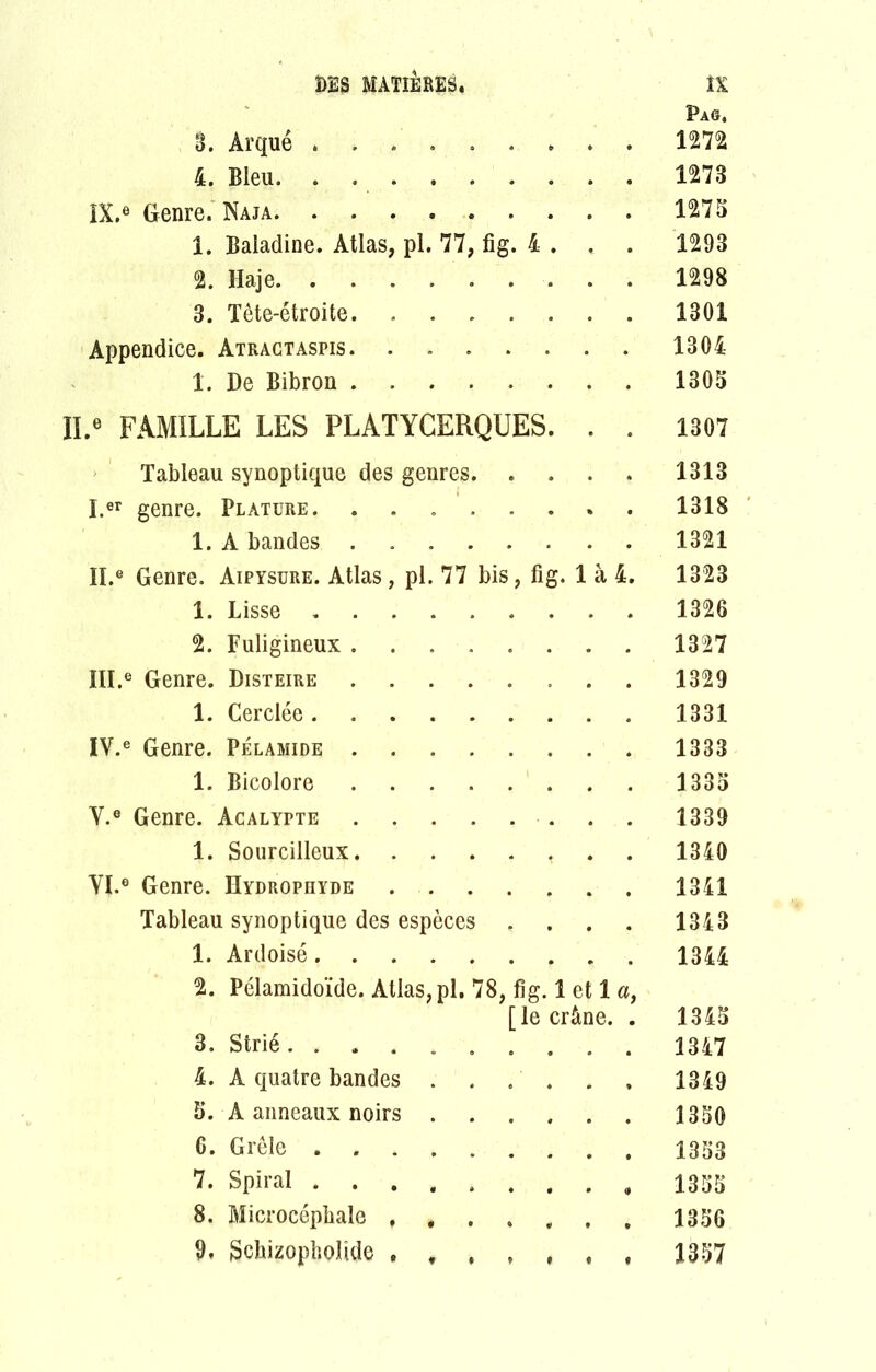 Pag, 3. Arqué 1272 4. Bleu. . . 1273 IX.e Genre. Naja 1275 1. Baiadine. Atlas, pl. 77, fig. 4 . , . 1293 2. Haje 1298 3. Tête-étroite 1301 Appendice. Atractaspis 1304 î. De Bibron 1305 IL0 FAMILLE LES PLÀTYCERQUES. . . 1307 Tableau synoptique des genres 1313 I. er genre. Plature. ........ 1318 1. A bandes. 1321 II. e Genre. Aipysure. Atlas, pl. 77 bis, fig. 1 à 4. 1323 1. Lisse 1326 2. Fuligineux ........ 1327 III. 6 Genre. Disteire 1329 1. Cerclée 1331 IV. e Genre. Pélamide 1333 1. Bicolore 1335 Y.® Genre. Acalypte 1339 1. Sourcilleux t . . 1340 Yï.® Genre, ïïydrophyde 1341 Tableau synoptique des espèces . . . . 1343 1. Ardoisé 1344 2. Pélamidoïde. Atlas, pl. 78, fig. 1 et 1 a, [le crâne. . 1345 3. Strié. ......... 1347 4. A quatre bandes . . . ' . . , 1349 5. A anneaux noirs 1350 6. Grêle 1353 7* Spiral 1355 8. Microcéphale 1356