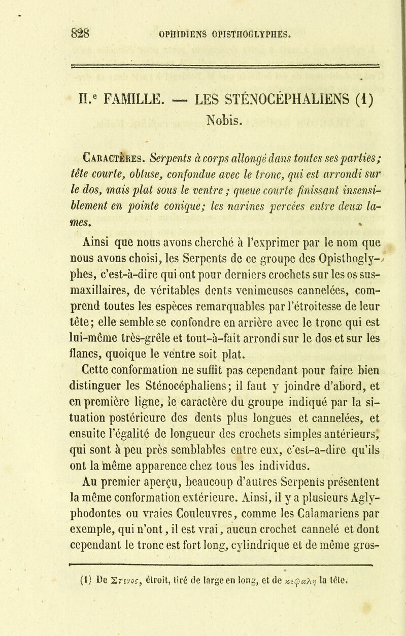 II.e FAMILLE. — LES STÉNOCÉPHALIENS (1) Nobis. Caractères. Serpents à corps allongé dans toutes ses parties; tête courte, obtuse, confondue avec le tronc, qui est arrondi sur le dos, mais plat sous le ventre ; queue courte finissant insensi- blement en pointe conique; les narines percées entre deux la- mes. Ainsi que nous avons cherché à l’exprimer par le nom que nous avons choisi, les Serpents de ce groupe des Opisthogly- phes, c’est-à-dire qui ont pour derniers crochets sur les os sus- maxillaires, de véritables dents venimeuses cannelées, com- prend toutes les espèces remarquables par l’étroitesse de leur tête; elle semble se confondre en arrière avec le tronc qui est lui-même très-grêle et tout-à-fait arrondi sur le dos et sur les flancs, quoique le ventre soit plat. Cette conformation ne suffit pas cependant pour faire bien distinguer les Sténocéphaliens; il faut y joindre d’abord, et en première ligne, le caractère du groupe indiqué par la si- tuation postérieure des dents plus longues et cannelées, et ensuite l’égalité de longueur des crochets simples antérieurs, qui sont à peu près semblables entre eux, cest-a-dire qu’ils ont la même apparence chez tous les individus. Au premier aperçu, beaucoup d’autres Serpents présentent la même conformation extérieure. Ainsi, il y a plusieurs Aglv- phodontes ou vraies Couleuvres, comme les Calamariens par exemple, qui n’ont, il est vrai, aucun crochet cannelé et dont cependant le tronc est fort long, cylindrique et de même gros- (1) De Srevflÿ, étroit, tiré de large en long, et de *5<£>«àî? la tête.