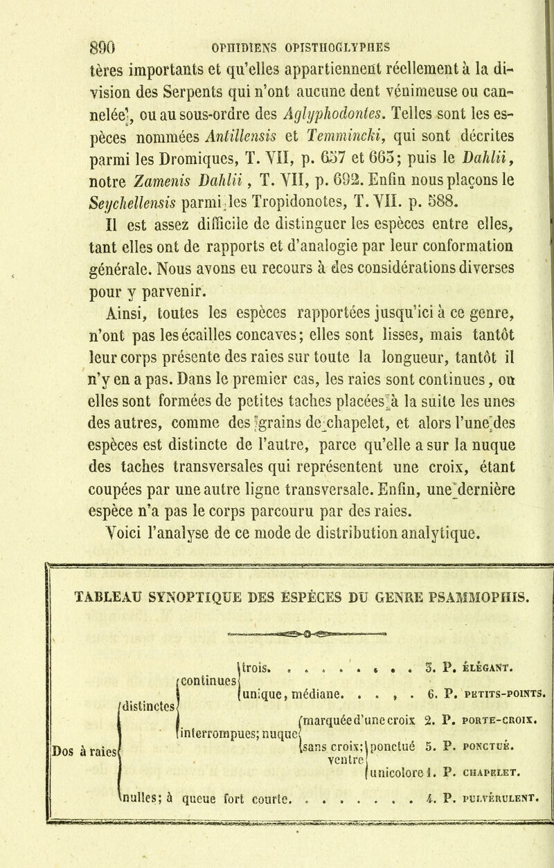 tères importants et qu’elles appartiennent réellement à la di- vision des Serpents qui n’ont aucune dent vénimeuse ou can- nelée’, ou au sous-ordre des Âglyphodontes. Telles sont les es- pèces nommées Antillensis et Temraincki, qui sont décrites parmi les Bromiques, T. YIÏ, p. 657 et 663; puis le Dahlii, notre Zamenis Dahlii, T. YIÏ, p. 692. Enfin nous plaçons le Seychellensis parmi-*les Tropidonotes, T. YII. p. 388. Il est assez difficile de distinguer les espèces entre elles, tant elles ont de rapports et d’analogie par leur conformation générale. Nous avons eu recours à des considérations diverses pour y parvenir. Ainsi, toutes les espèces rapportées jusqu’ici à ce genre, n’ont pas les écailles concaves ; elles sont lisses, mais tantôt leur corps présente des raies sur toute la longueur, tantôt il n’y en a pas. Dans le premier cas, les raies sont continues, ou elles sont formées de petites taches pîacéesjà la suite les unes des autres, comme des ^grains dexhapelet, et alors l’unejdes espèces est distincte de l’autre, parce qu’elle a sur la nuque des taches transversales qui représentent une croix, étant coupées par une autre ligne transversale. Enfin, unejiernière espèce n’a pas le corps parcouru par des raies. Yoici l’analyse de ce mode de distribution analytique. TABLEAU SYNOPTIQUE DES ESPÈCES DU GENRE PSAMMOPHIS. 'continues [distinctes! |trois. . « » » [unique, médiane. * . « 3. P. ELEGANT. . , . 6. P. PETITS-POINTS. [interrompues; nuque? (marquée d’une croix 2. P. porte-croix. Dos à raies/ Inulles; à queue fort courte. (sans croix;t ponctué 5. P. ponctué. ventre! (unicolorei. P. chapelet. . . . . . I. P. pulvérulent.