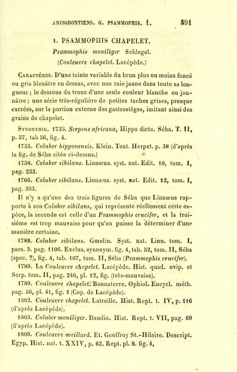 i. PSAMMOPHIS CHAPELET. Psammophis moniliger Schlegel. (Couleuvre chapelet. Lacépède.) Caractères. D’une teinte variable du brun plus ou moins foncé ou gris bleuâtre en dessus, avec une raie jaune dans toute sa lon- gueur; le dessous du tronc d’une seule couleur blanche ou jau- nâtre ; une série très-régulière de petites taches grises, presque carrées, sur la portion externe des gastrostèges, imitant ainsi des grains de chapelet. Synonymie. 1735. Serpens africana, Hippo dicta. Séba. T. II, p. 57, tab 56, fig. 4. 1755. Coluber hipponensis. Klein. Tent. Herpet. p. 38 (d’après la fig. de Séba citée ci-dessus.) 1758. Coluber sibilans. Linnæus. syst. nat. Edit. JO, tom. I, pag. 222. 1766. Coluber sibilans. Linnæus. syst. nat. Edit. 12, tom. I, pag. 383. Il n’y a qu’une des trois figures de Séba que Linnæus rap- porte à son Coluber sibilans y qui représente réellement cette es- pèce, la seconde est celle d’un Psammophis crucifer, et la troi- sième est trop mauvaise pour qu’on puisse la déterminer d’une manière certaine. 1788. Coluber sibilans. Gmelin. Syst. nat. Linn. tom. I, pars. 3. pag. 1106. Exclus, synonym. fig. 4, tab. 52, tom. II, Séba (spec. ?), fig. 4, tab. 107, tom. II, Séba {Psammophis crucifer). 1789. La Couleuvre chapelet. Lacépède. Hist. quad. ovip. et Serp. tom. II, pag. 246, pl. 12, fig. (très-mauvaise). 1789. Couleuvre c/iapcïef.'Bonnaterre. Ophiol. Encycl. méth. pag. 56, pl. 41, fig. 1 (Cop. de Lacépède). 1802. Couleuvre chapelet. Latreille. Hist. Rept. t. IV, p. 116 (d’après Lacépède). 1803. Coluber moniliger. Daudin. Hist. Rept. t. VII, pag. 69 (d’après Lacépède). 1809. Couleuvre oreillard. Et. Geoffroy St.-Hilaire, Descript.