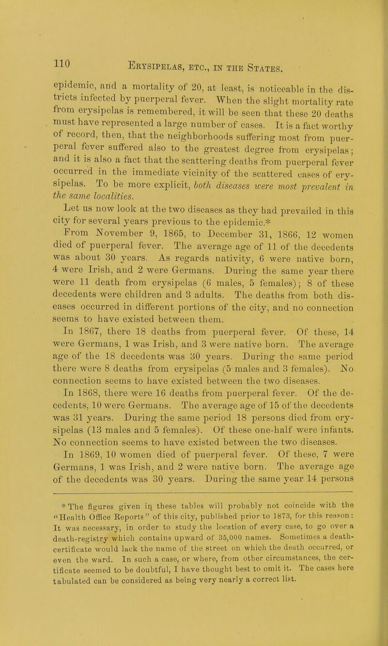 epidemic, and a mortality of 20, at least, is noticeable in the dis- tiMcts infected by puerperal fever. When the slight mortality rate from erysipelas is remembered, it will be seen that these 20 deaths must have represented a large number of cases. It is a fact worthy of record, then, that the neighborhoods suffering most from puer- peral fever suffered also to the greatest degree from erysipelas; and it is also a fact that the scattering deaths from puerperal fever occurred in the immediate vicinity of the scattered cases of ery- sipelas. To be more explicit, both diseases were most prevalent in the same localities. Let us now look at the two diseases as they had prevailed in this city for several years previous to the epidemic* From November 9, 1865, to December 31, 1866, 12 women died of puerperal fever. The average age of 11 of the decedents was about 30 years. As regards nativity, 6 were native born, 4 were Irish, and 2 were Germans. During the same year there were 11 death from erysipelas (6 males, 5 females); 8 of these decedents were children and 3 adults. The deaths from both dis- eases occurred in different portions of the city, and no connection seems to have existed between them. In 1867, there 18 deaths from puerperal fever. Of these, 14 were Germans, 1 was Irish, and 3 were native born. The average age of the 18 decedents was 30 years. During the same period there were 8 deaths from erysipelas (5 males and 3 females). No connection seems to have existed between the two diseases. In 1868, there were 16 deaths from puerperal fever. Of the de- cedents, 10 were Germans. The average age of 15 of the decedents was 31 years. During the same j)eriod 18 persons died from ery- sipelas (13 males and 5 females). Of these one-half were infants. No connection seems to have existed between the two diseases. In 1869, 10 women died of jiuerperal fever. Of these, 7 were Germans, 1 was Irish, and 2 wex-e native born. The average age of the decedents was 30 years. During the same year 14 persons *The figures given in these tables will probabh- not coincide with the Henlth Office Eeports of this city, published prior to 1873, for this reiipon: It was necessary, in order to study the location of every ca.se, to go over a death-registry which contains upward of 35,000 names. Sometimes a death- certificate would lack the name of the street on whicii the death occurred, or even the ward. In such a case, or where, from other circumstances, the cer- tificate seemed to be doubtful, I have thought best to omit it. The casas here tabulated can be considered as being very nearly a correct list.