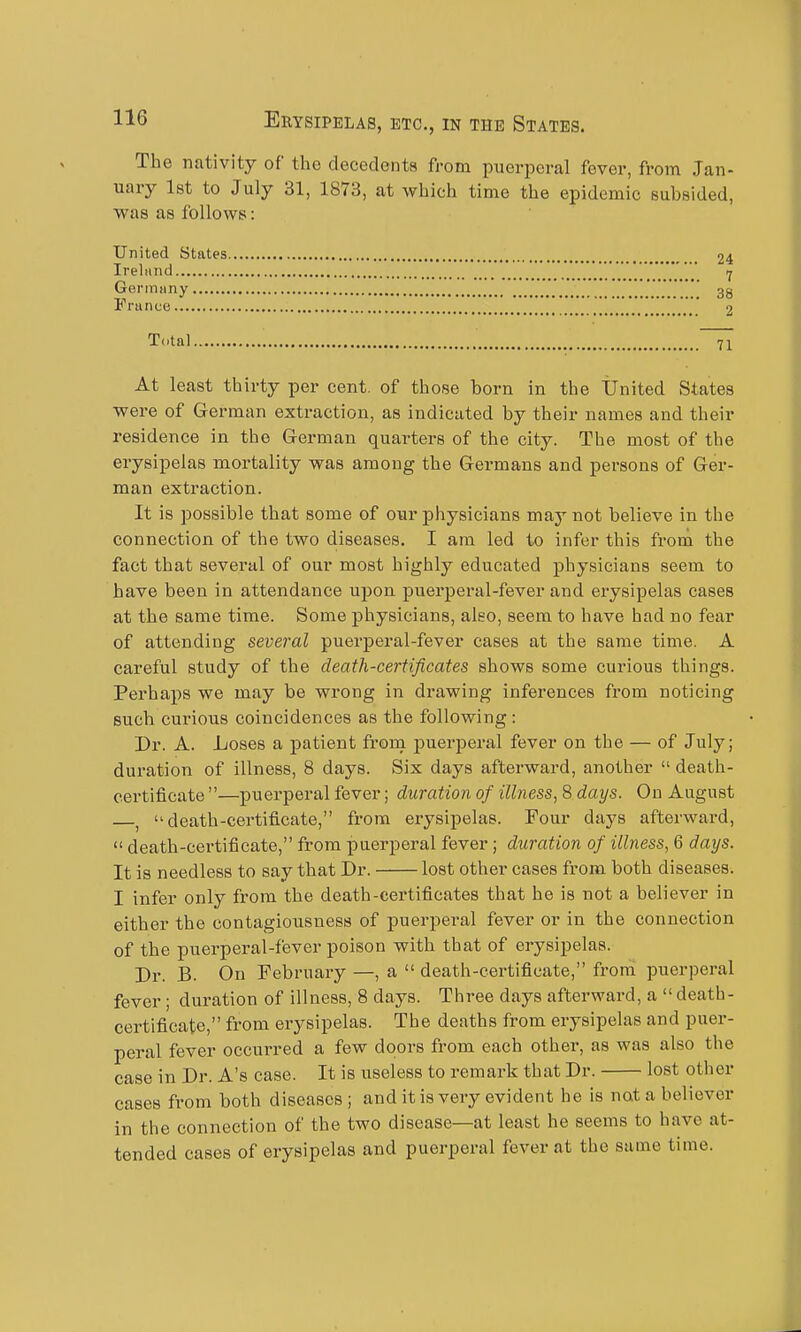 The nativity of the decedents from puerperal fever, from Jan- uary Ist to July 31, 1873, at which time the epidemic subsided, was as follows: United States 24 Ireliind .'.'...'.'.. . .* . ' 7 Germnny ' 33 Franco ' 2 T<.tal 71 At least thirty per cent, of those born in the United States were of German extraction, as indicated by their names and their residence in the German quarters of the city. The most of the erysipelas mortality was among the Germans and persons of Ger- man extraction. It is ijossible that some of our physicians may not believe in the connection of the two diseases, I am led to infer this fronii the fact that sevei'al of our most highly educated physicians seem to have been in attendance upon puerperal-fever and erysipelas cases at the same time. Some physicians, also, seem to have had no fear of attending several puerperal-fever cases at the same time. A careful study of the death-certificates shows some curious things. Perhaps we may be wrong in drawing inferences from noticing such curious coincidences as the following: Dr. A. Loses a patient from puerjieral fever on the — of July; duration of illness, 8 days. Six days afterward, another  death- certificate —puerperal fever; duration of illness, 8 days. On August —,  death-certificate, from erysipelas. Four days afterward,  death-certificate, from puerperal fever; duration of illness, 6 days. It is needless to say that Dr. lost other cases from both diseases. I infer only from the death-certificates that he is not a believer in either the contagiousness of puerperal fever or in the connection of the puerperal-fever poison with that of erysipelas. Dr. B. On February —, a  death-certificate, from puerperal fever ; duration of illness, 8 days. Three days afterward, a  death- certificate, from erysipelas. The deaths from erysipelas and puer- peral fever occurred a few doors from each other, as was also the case in Dr. A's case. It is useless to remark that Dr. lost other cases from both diseases ; and it is very evident he is not a believer in the connection of the two disease—at least he seems to have at- tended cases of erysipelas and puerperal fever at the same time.