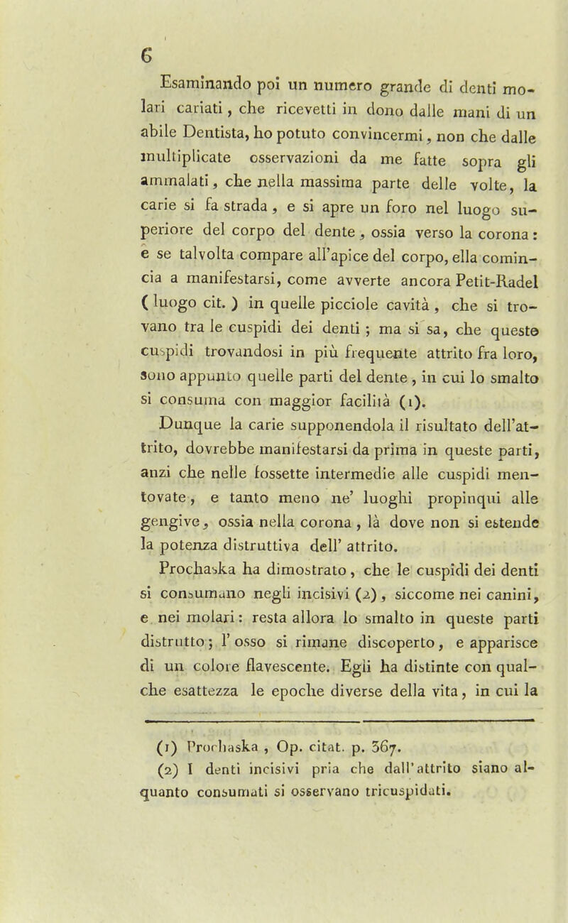 Esaminando poi un numero grande dl denti mo- lari cariati, che ricevetti in dono dalle mani di un abile Dentista, ho potuto convincermi, non che dalle iniiltiplicate osservazioni da me fatte sopra gli ammaiati, che nella raassiraa parte delle volte, la carie si fa strada, e si apre un foro nel luogo su- periore del corpo del dente, ossia verso la corona: e se talvolta compare airapice del corpo, ella comin- cia a manifebtarsi, come avverte ancora Petit-Radel ( luogo cit. ) in quelle picciole cavita , che si tro- vano tra le cuspidi dei denti; ma si sa, che queste cuspidi trovandosi in piu frequente attrito fra loro, sono appunto quelle parti del dente , in cui lo smalto si consujna con maggior faciliia (i). Dunque la carie supponendola il risultato dell'at- Irito, dovrebbe manifestarsi da prima in queste partz, anzi che nelle fossette intermedie alle cuspidi men- tovate, e tanto meno ne' luoghi propinqui alle gengive, ossia nella corona , la dove non si esteude la potenza distruttiva dell' attrito. Procha^ka ha dimostrato, che le cuspidi dei denti si consumano negli incisivi(2), siccome nei canini, e neimolari: resta allora lo smalto in queste parti distriitto ; 1'osso si rimane discoperto, e apparisce di un colore flavescente. Egii ha distinte con qual- che esattezza le epoche diverse della vita, in cui la (1) Prorliaska , Op. citat. p. 367. (2) 1 denti incisivi pria che dall'attrito siano al- quanto consumati si osservano tricuspiduti.