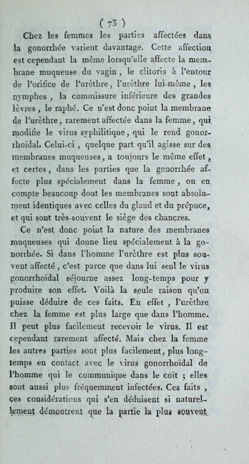 Chez le9 femmes les parties affectées dans la gonorrhée varient davantage. Cette affection est cependant la même lorsqu'elle affecte la mem- brane muqueuse du vagin , le clitoris à l'entour de l'orifice de l'urèthre, furèthre lui-même, les nymphes , la commissure inférieure des grandes lèvres , le raphé. Ce n'est donc point la membrane de l'urèthre, rarement affectée dans la femme, qui modifie le virus syphilitique, qui le rend gonor- rhoïdal. Celui-ci , quelque part qu'il agisse sur des membranes muqueuses, a toujours le même effet, et certes, dans les parties que la gcnorrhée af- fecte plus spécialement dans la femme, on en compte beaucoup dont les membranes sont absolu- ment identiques avec celles du gland et du prépuce, et qui sont très-souvent le siège des chancres. Ce n'est donc point la nature des membranes muqueuses qui donne lieu spécialement à la go- norrhée. Si dans l'homme l'urèthre est plus sou- vent affecté, c'est parce que dans lui seul le virus gonoirhoïdal séjourne assez long-temps pour y produire son effet. Voilà la seule raison qu'on puisse déduire de ces faits. En effet , l'urèthre chez la femme est plus large que dans l'homme. Il peut plus facilement recevoir le virus. Il est cependant rarement affecté. Mais chez la femme les autres parties sont plus facilement, plus long- temps en contact avec le virus gonorrhoïdal de l'homme qui le communique dans le coït ; elles sont aussi plus fréquemment infectées. Ces faits , ces considérations qui s'en déduisent si naturel- lement démontrent que la partie la plus souvent;