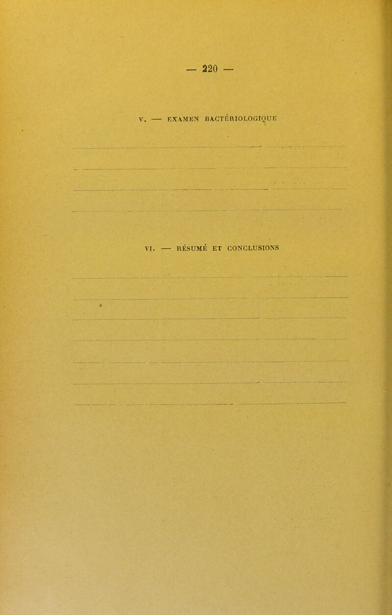 V. EXA.MKN BACTÉRIOLOGIQUE VI. RÉSUMÉ ET CONCLUSIONS