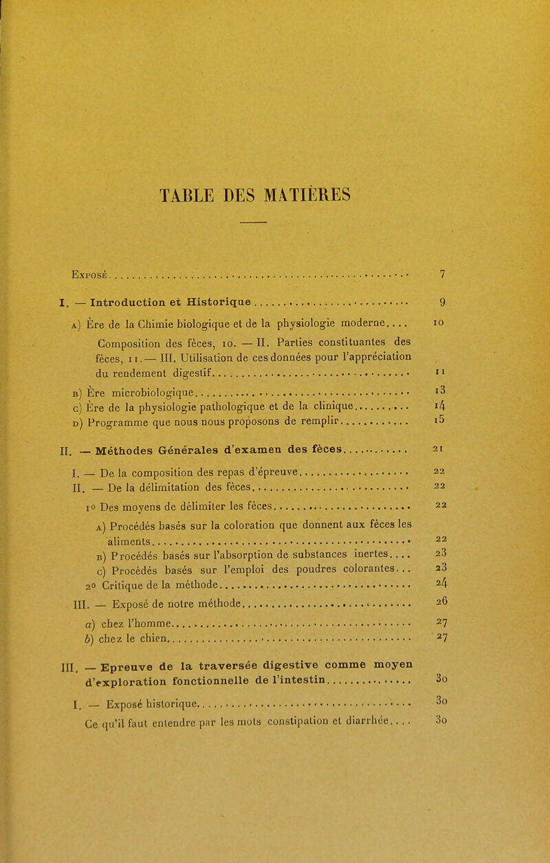 TABLE DES MATIÈRES Exposé ••• 7 I. — Introduction et Historique 9 a) Ère de la Chimie biologique et de la physiologie moderne 10 Composition des fèces, 10. —II. Parties constituantes des fèces, n.— III. Utilisation de ces données pour l'appréciation du rendement digestif 11 b) Ère microbiologique l% c) Ère de la physiologie pathologique et de la clinique i4 d) Programme que nous nous proposons de remplir i5 II. — Méthodes Générales d'examen des fèces 21 I. — De la composition des repas d'épreuve 22 II. — De la délimitation des fèces 22 10 Des moyens de délimiter les fèces 22 a) Procédés basés sur la coloration que donnent aux fèces les aliments 22 b) Procédés basés sur l'absorption de substances inertes.... 23 c) Procédés basés sur l'emploi des poudres colorantes... 23 20 Critique de la méthode 24 III. — Exposé de notre méthode < 26 a) chez l'homme 27 6) chez le chien 27 III. _ Epreuve de la traversée digestive comme moyen d'exploration fonctionnelle de l'intestin 3o I. — Exposé historique 3o Ce qu'il faut entendre par les mots constipation et diarrhée.... 3o