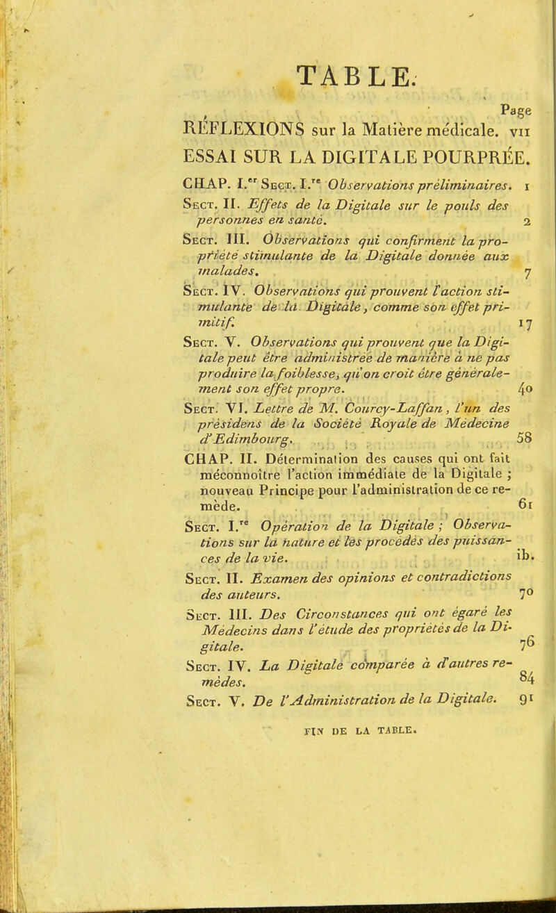 TABLE. Page REFLEXIONS sur la Matière médicale, vu ESSAI SUR LA DIGITALE POURPRÉE. CHAP. h Sect. I.™ Observations préliminaires, i Sect. II. Effets de la Digitale sur le pouls des personnes en santé. 2 Sect. III. Observations oui confirment la pro- priété stimulante de la Digitale donnée aux malades. 7 Sect. IV. Observations qui prouvent faction sti- mulante de là Digitale, comme son effet pri- mitif. 17 Sect. V. Observations qui prouvent que la Digi- tale peut être administrée de manière à ne pas produire lafoiblesse, qu'on croit être générale- ment son effet propre. 4° Sect. VI. Lettre de M. Courcy-Laffan, L'un des prèsidens de la Société Royale de Médecine d'Edimbourg. 58 CHAP. II. Détermination des causes qui ont fait méconnoître l'action immédiate de la Digitale ; nouveau Principe pour l'administration de ce re- mède. 61 Sect. I.re Opération de. la Digitale ; Observa- tions sur là nature et les procédés des puissan- ces de la vie. 1D- Sect. II. Examen des opinions et contradictions des auteurs. 7° Sect. III. Des Circonstances qui ont égaré les Médecins dans l'étude des propriétés de la Di- gitale. Sect. IV. La Digitale comparée à d autres re- mèdes. 84 Sect. V. De VAdministration de la Digitale. 91 FIN DE LA TABLE.