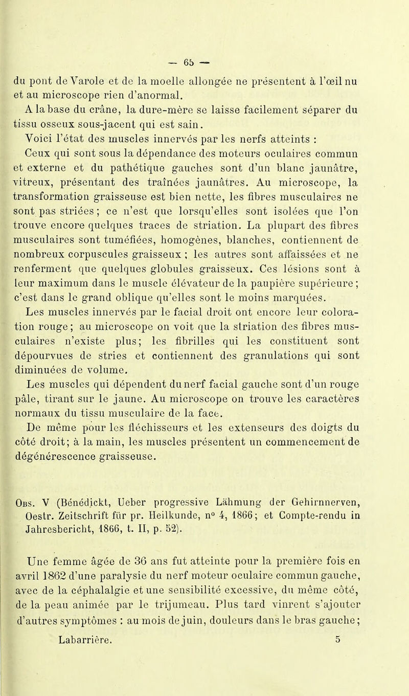 du pont deVarole et de la moelle allongée ne présentent à l'œil nu et au microscope rien d'anormal. A la base du crâne, la dure-mère se laisse facilement séparer du tissu osseux sous-jacent qui est sain. Voici l'état des muscles innervés par les nerfs atteints ; Ceux qui sont sous la dépendance des moteurs oculaires commun et externe et du pathétique gauches sont d'un blanc jaunâtre, vitreux, présentant des traînées jaunâtres. Au microscope, la transformation graisseuse est bien nette, les flbres musculaires ne sont pas striées ; ce n'est que lorsqu'elles sont isolées que l'on trouve encore quelques traces de striation. La plupart des fibres musculaires sont tuméfiées, homogènes, blanches, contiennent de nombreux corpuscules graisseux ; les autres sont affaissées et ne renferment que quelques globules graisseux. Ces lésions sont à leur maximum dans le muscle élévateur de la paupière supérieure ; c'est dans le grand oblique qu'elles sont le moins marquées. Les muscles innervés par le facial droit ont encore leur colora- tion rouge ; au microscope on voit que la striation des fibres mus- culaires n'existe plus; les fibrilles qui les constituent sont dépourvues de stries et contiennent des granulations qui sont diminuées de volume. Les muscles qui dépendent du nerf facial gauche sont d'un rouge pâle, tirant sur le jaune. Au microscope on trouve les caractères normaux du tissu musculaire de la face. ^ De même pour les fléchisseurs et les extenseurs des doigts du côté droit; à la main, les muscles présentent un commencement de dégénérescence graisseuse. Obs. V (Bénédickt, Ueber progressive Làhmung der Gehirnnerven, IOestr. Zeitschrift fiir pr. Heilkundc, n° 4, 1866; et Compte-rendu in [ Jahresbericht, 1866, t. II, p. 52). I Une femme âgée de 36 ans fut atteinte pour la première fois en avril 1862 d'une paralysie du nerf moteur oculaire commun gauche, avec de la céphalalgie et une sensibilité excessive, du même côté, de la peau animée par le trijumeau. Plus tard vinrent s'ajouter d'autres symptômes : au mois de juin, douleurs dans le bras gauche ;