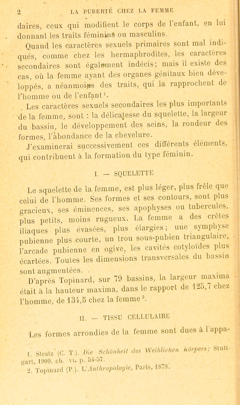 daires, ceux qui modifient le corps de l’enfant, en lui donnant les traits féminin* ou masculins. Quand les caractères sexuels primaires sont mal indi- qués, comme chez les hermaphrodites, les caractères secondaires sont également indécis; mais il existe des cas, où la femme ayant des organes génitaux bien déve- loppés, a néanmoins des traits, qui la rapprochent de l’homme ou de l’enfant1. Les caractères sexuels secondaires les plus importants de la femme, sonL : la délicatesse du squelette, la laigem du bassin, le développement des seins, la rondeur des formes, l’abondance de la chevelure. J’examinerai successivement ces différents éléments, qui contribuent à la formation du type féminin. I. — SQUELETTE Le squelette de la femme, est plus léger, plus frêle que celui de l'homme. Ses formes et ses contours, sont plus gracieux, ses éminences, ses apophyses ou tubercules, plus petits, moins rugueux. La femme a des cretes iliaques plus évasées, plus élargies; une symphyse pubienne plus courte, un trou sous-pubien triangulaire, • l’arcade pubienne en ogive, les cavités cotyloides plus écartées. Toutes les dimensions transversales du bassin sont augmentées. D’après Topinard, sur 79 bassins, la largeur maxiina était à la hauteur maxima, dans le rapporL de 12o,î chez l’homme, de 134,5 chez la femme ’. II. - TISSU CELLULAIRE Les formes arrondies de la femme sont dues à 1 appa- ■1. strata’(C. T.). Die Schunheit îles Weibliclien kôrpers; Stutt- gart, 1900, ch. vi. p. 54-51.