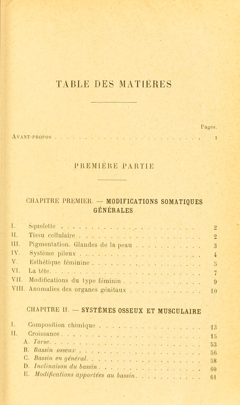 TABLE DES MATIERES Avant-propos Pages. I PREMIERE PARTIE CHAPITRE PREMIER. — MODIFICATIONS SOMATIQUES GÉNÉRALES I. Squelette 2 II. Tissu cellulaire 2 III. Pigmentation. Glandes de la peau 3 IV. Système pileux 4 V. Esthétique féminine 3 VI. La tête 7 VIL Modifications du type féminin 9 VIII. Anomalies des organes génitaux 10 CHAPITRE II. — SYSTÈMES OSSEUX ET MUSCULAIRE I. Composition chimique II. Croissance A. Torse B. Bassin osseux' C. Bassin en (jénéral D. Inclinaison du bassin E. Modifications apportées au bassin 15 53 56 58 60