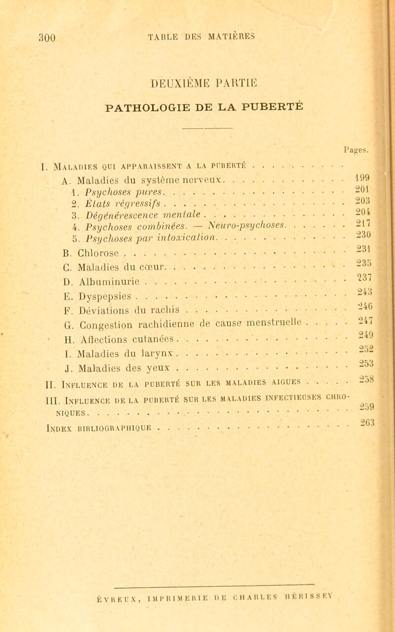 DEUXIEME PARTIE PATHOLOGIE DE LA PUBERTÉ Pages. I. Maladies qui apparaissent a la puberté . . . A. Maladies du système nerveux 199 1. Psychoses pures 201 2. États régressifs 203 3. Dégénérescence mentale 204 4. Psychoses combinées. — Neuro-psychoses 217 5. Psychoses par intoxication 230 B. Chlorose G. Maladies du cœur 23° D. Albuminurie E. Dyspepsies ~43 F. Déviations du rachis “4,i G. Congestion rachidienne de cause menstruelle 247 , o«q H. Affections cutanées 9X9 I. Maladies du larynx J. Maladies des yeux II. Influence de la puberté sur les maladies aigues 2oS III Influence de la puberté sur les maladies infectieuses chro- .... 239 niques -•>63 Index bibliographique É V R E U X , IMPRIMERIE DE CHARLES HÉRISSE!
