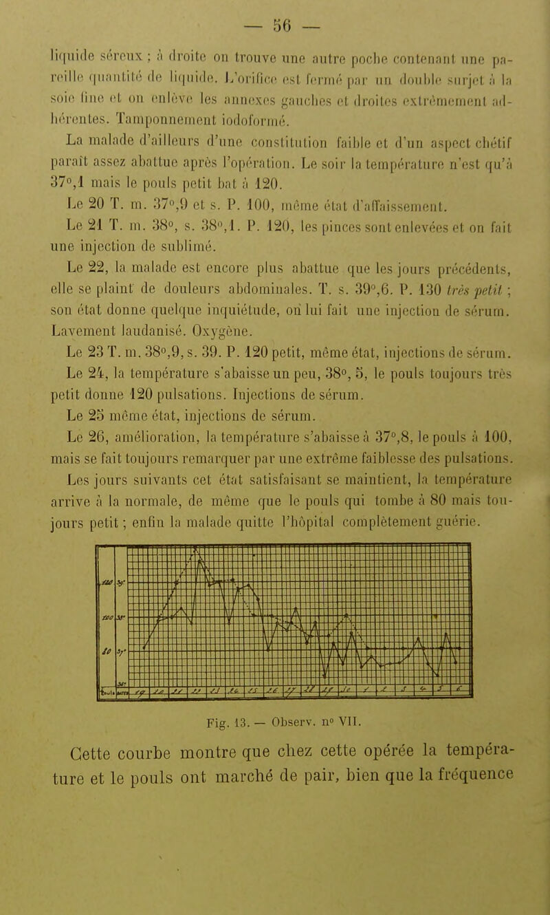 liquide séreux ; ;i droite on trouve une autre poclie contenant une pa- reille ffuantité de li(|nide. J/orifice est n-rmé par un dduliic surjet à la soie line cL on enlève les annexes gauches et droites extrêmement ad- liiîrentes. Tamponnement iodoformé. La malade d'ailleurs d'une constitution faible et d'un aspect cliôtif paraît assez abattue après l'opération. Le soir la température n'est qu'à 370,1 mais le pouls petit bat à 120. Le 20 T. m. 37«,9 et s. P. 100, môme état d'affaissement. Le 21 T. m. 38°, s. 38«,1. P. 120, les pinces sont enlevées et on fait une injection de sublimé. Le 22, la malade est encore plus abattue que les jours précédents, elle se plaint de douleurs abdominales. T. s. 39'',6. P. 130 très petit ; son état donne quelque inquiétude, où lui fait une injection de sérum. Lavement laudanisé. Oxygène. Le 23 T. m. 38°,9, s. 39. P. 120 petit, même état, injections de sérum. Le 24, la température s'abaisse un peu, 38°, 5, le pouls toujours très petit donne 120 pulsations. Injections de sérum. Le 25 même état, injections de sérum. Le 26, amélioration, la température s'abaisse <à 37°,8, le pouls à 100, mais se fait toujours remarquer par une extrême faiblesse des pulsations. Les jours suivants cet état satisfaisant se maintient, la température arrive à la normale, de même que le pouls qui tombe à 80 mais tou- jours petit; enfin la malade quitte l'hôpital complètement guérie. Fig. 13. — Observ. n» VII. Cette courbe montre que chez cette opérée la tempéra- ture et le pouls ont marché de pair, bien que la fréquence