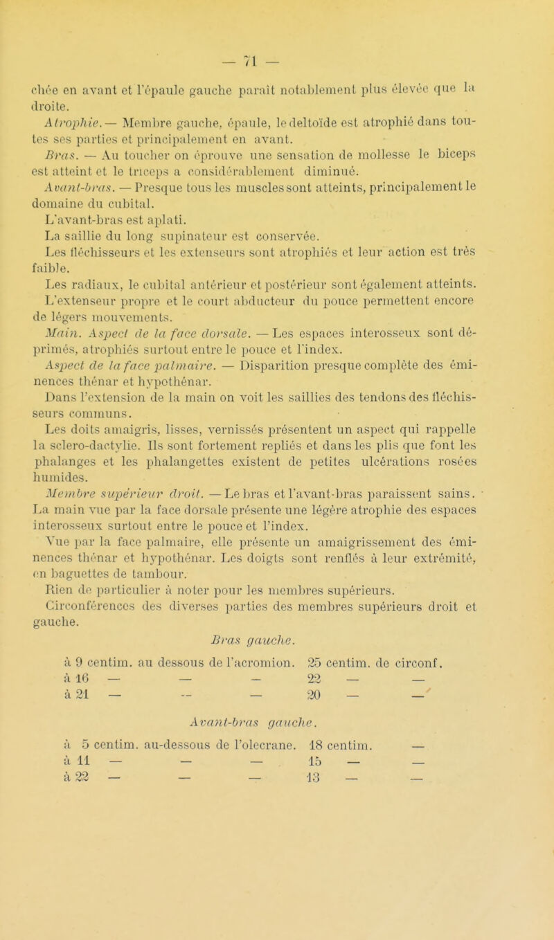 chée en avant et l'épaule gauche paraît notablement plus élevée que la droite. Atrophie. — Membre gauche, épaule, le deltoïde est atrophié dans tou- tes SOS parties et principalement en avant. Bras. — Au toucher on éprouve une sensation de mollesse le biceps est atteint et le triceps a considérablement diminué. Avant-bras. — Presque tous les musclessont atteints, principalement le domaine du cubital. L'avant-bras est aplati. La saillie du long supinatour est conservée. Les fléchisseurs et les extenseurs sont atrophiés et leur action est très faible. Les radiaux, le cubital antérieur et postérieur sont également atteints. L'extenseur propre et le court abducteur du pouce permettent encore de légers mouvements. Main. A.<tpecl de la face dorsale. — Les espaces interosseux sont dé- primés, atrophiés surtout entre le pouce et l'index. Asjyect de la face palmaire. — Disparition presque complète des émi- nences thénar et hypothénar. Dans l'extension de la main on voit les saillies des tendons des lléchis- seurs communs. Les doits anuxigris, lisses, vernissés présentent un aspect qui rappelle la sclero-dactylie. Ils sont fortement repliés et dans les plis que font les phalanges et les phalangettes existent de petites ulcérations rosées humides. Membre supérieur droit. — Lebras etl'avant-bras paraiss(!nt sains. • La main vue par la face dorsale présente une légère atrophie des espaces interosseux surtout entre le pouce et l'index. Vue par la face palmaire, elle j)résente un amaigrissement des émi- nences thénar et hypothénar. Les doigts sont renflés à leur extrémité, en baguettes de tambour. Rien de particulier à noter pour les membres supérieurs. Circonférences des diverses parties des membres supérieurs droit et gauche. Bras gaucho. à 9 centim. au dessous de l'acromion. 25 centim. de circonf. à 16 — — - 22 — — à 21 — - _ 20 — —' Avant-bras gauche. à 5 centim. au-dessous de l'olecrane. 18 centim. — à 11 — — — 15 — — à 22 — — — 13 — —