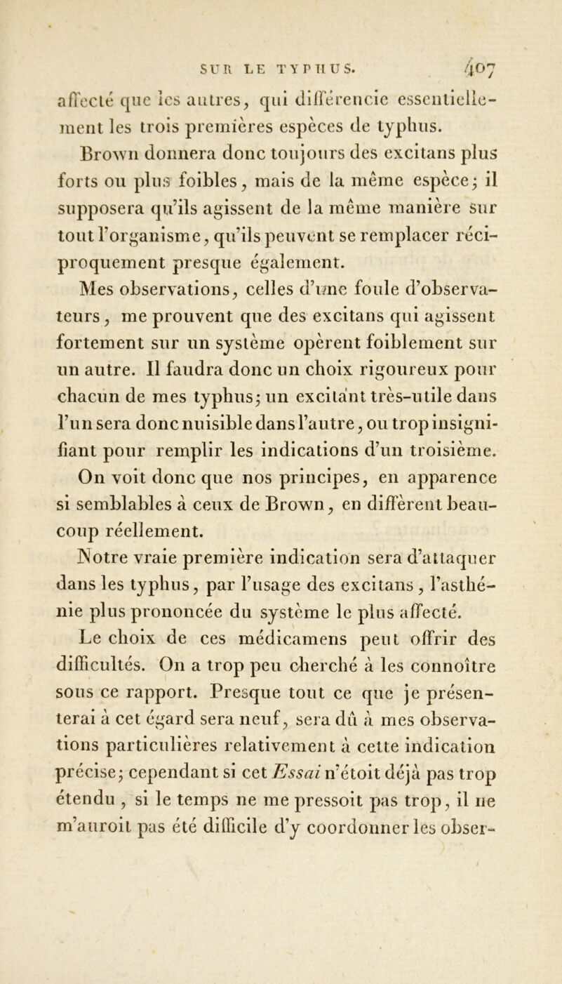 affecté que ies autres, qui différencie essentielle- ment les trois premières espèces de typhus. Brown donnera donc toujours des excitans plus forts ou plus foibles, mais de la même espèce ; il supposera qu’ils agissent de la même manière sur tout l’organisme, qu’ils peuvent se remplacer réci- proquement presque également. Mes observations, celles d’une foule d’observa- teurs , me prouvent que des excitans qui agissent fortement sur un système opèrent foiblement sur un autre. Il faudra donc un choix rigoureux pour chacun de mes typhus; un excitant très-utile dans l’un sera donc nuisible dans l’autre, ou trop insigni- fiant pour remplir les indications d’un troisième. On voit donc que nos principes, en apparence si semblables à ceux de Brown, en diffèrent beau- coup réellement. Notre vraie première indication sera d’attaquer dans les typhus, par l’usage des excitans, l’asthé- nie plus prononcée du système le pins affecté. Le choix de ces médicamens peut offrir des difficultés. On a trop peu cherché à les connoître sous ce rapport. Presque tout ce que je présen- terai à cet égard sera neuf, sera du à mes observa- tions particulières relativement à cette indication précise; cependant si cet Essai n’étoit déjà pas trop étendu , si le temps ne me pressoit pas trop, il ne m’auroil pas été difficile d’y coordonner les obser- /