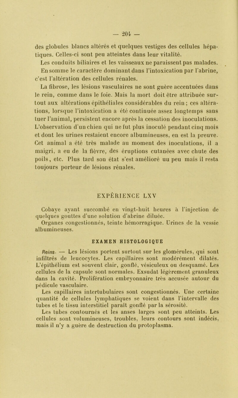 des globules blancs altérés et quelques vestiges des cellules hépa- tiques. Celles-ci sont peu atteintes dans leur vitalité. Les conduits biliaires et les vaisseaux ne paraissent pas malades. En somme le caractère dominant dans l’intoxication par l’abrine, c’est l’altération des cellules rénales. La fibrose, les lésions vasculaires ne sont guère accentuées dans le rein, comme dans le foie. Mais la mort doit être attribuée sur- tout aux altérations épithéliales considérables du rein ; ces altéra- tions, lorsque l’intoxication a été continuée assez longtemps sans tuer l’animal, persistent encore après la cessation des inoculations. L’observation d’un chien qui ne fut plus inoculé pendant cinq mois et dont les urines restaient encore albumineuses, en est la preuve. Cet animal a été très malade au moment des inoculations, il a maigri, a eu de la fièvre, des éruptions cutanées avec chute des poils, etc. Plus tard son état s’est amélioré uu peu mais il resta toujours porteur de lésions rénales. EXPÉRIENCE LXV Cobaye ayant succombé en vingt-huit heures à l’injection de quelques gouttes d’une solution d’abrine diluée. Organes congestionnés, teinte hémorragique. Urines de la vessie albumineuses. EXAMEN HISTOLOGIQUE Reins■ — Les lésions portent surtout sur les glomérules, qui sont infiltrés de leucocytes. Les capillaires sont modérément dilatés. L’épithélium est souvent clair, gonflé, vésiculeux ou desquamé. Les cellules de la capsule sont normales. Exsudât légèrement granuleux dans la cavité. Prolifération embryonnaire très accusée autour du pédicule vasculaire. Les capillaires intertubulaires sont congestionnés. Une certaine quantité de cellules lymphatiques se voient dans l’intervalle des tubes et le tissu interstitiel paraît gonflé par la sérosité. Les tubes contournés et les anses larges sont peu atteints. Les cellules sont volumineuses, troubles, leurs contours sont indécis, mais il n’y a guère de destruction du protoplasma.