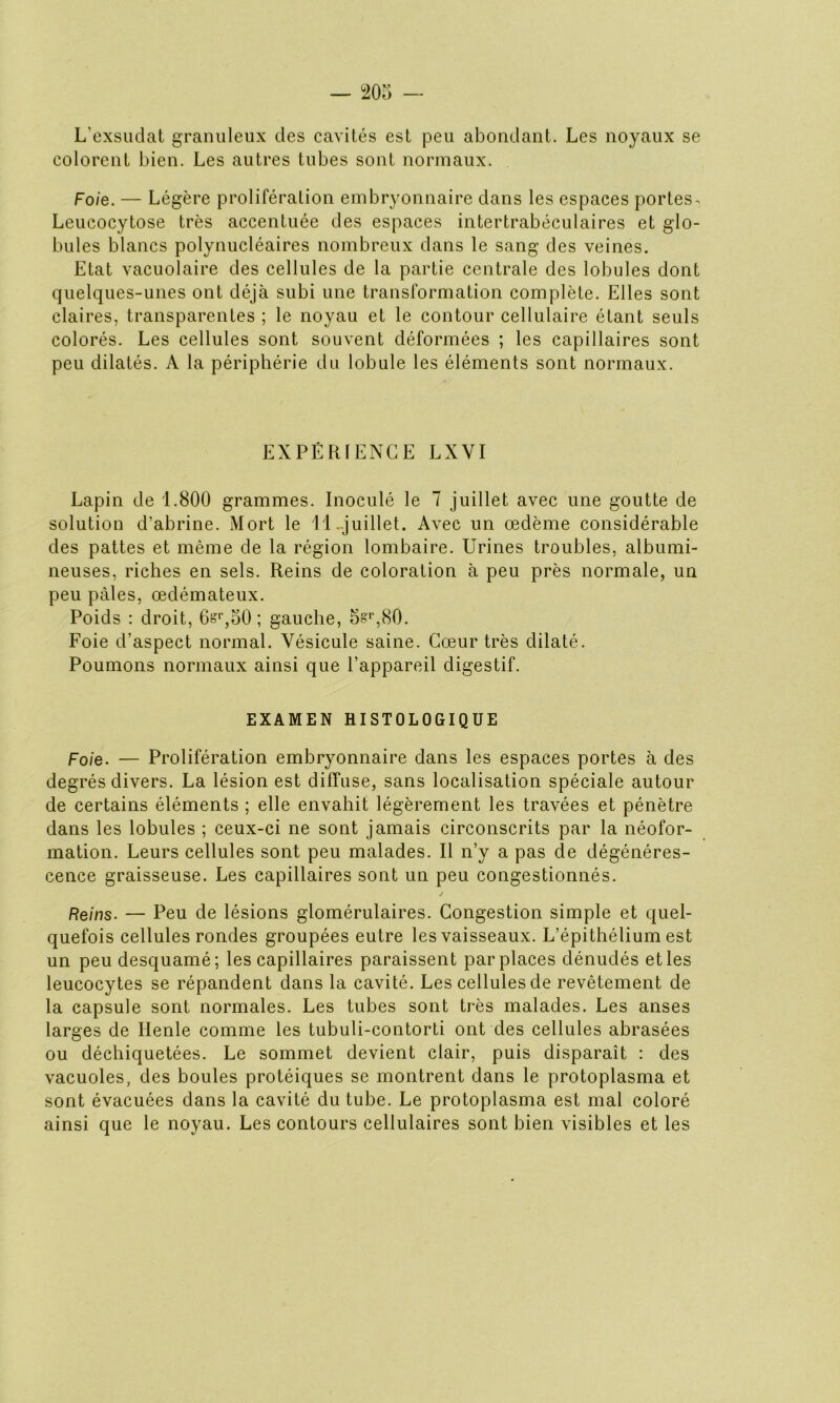 L'exsudât granuleux des cavités est peu abondant. Les noyaux se colorent bien. Les autres tubes sont normaux. Foie. — Légère prolifération embryonnaire dans les espaces portes^ Leucocytose très accentuée des espaces intertrabéculaires et glo- bules blancs polynucléaires nombreux dans le sang des veines. Etat vacuolaire des cellules de la partie centrale des lobules dont quelques-unes ont déjà subi une transformation complète. Elles sont claires, transparentes ; le noyau et le contour cellulaire étant seuls colorés. Les cellules sont souvent déformées ; les capillaires sont peu dilatés. A la périphérie du lobule les éléments sont normaux. EXPÉRIENCE LXVI Lapin de 1.800 grammes. Inoculé le 7 juillet avec une goutte de solution d’abrine. Mort le 11.juillet. Avec un œdème considérable des pattes et même de la région lombaire. Urines troubles, albumi- neuses, riches en sels. Reins de coloration à peu près normale, un peu pâles, œdémateux. Poids : droit, 6§l',50 ; gauche, 5§r,80. Foie d’aspect normal. Vésicule saine. Cœur très dilaté. Poumons normaux ainsi que l’appareil digestif. EXAMEN HISTOLOGIQUE Foie. — Prolifération embryonnaire dans les espaces portes à des degrés divers. La lésion est diffuse, sans localisation spéciale autour de certains éléments ; elle envahit légèrement les travées et pénètre dans les lobules ; ceux-ci ne sont jamais circonscrits par la néofor- mation. Leurs cellules sont peu malades. Il n’y a pas de dégénéres- cence graisseuse. Les capillaires sont un peu congestionnés. j Reins. — Peu de lésions glomérulaires. Congestion simple et quel- quefois cellules rondes groupées eutre les vaisseaux. L’épithélium est un peu desquamé; les capillaires paraissent par places dénudés et les leucocytes se répandent dans la cavité. Les cellules de revêtement de la capsule sont normales. Les tubes sont très malades. Les anses larges de Henle comme les tubuli-contorti ont des cellules abrasées ou déchiquetées. Le sommet devient clair, puis disparaît : des vacuoles, des boules protéiques se montrent dans le protoplasma et sont évacuées dans la cavité du tube. Le protoplasma est mal coloré ainsi que le noyau. Les contours cellulaires sont bien visibles et les