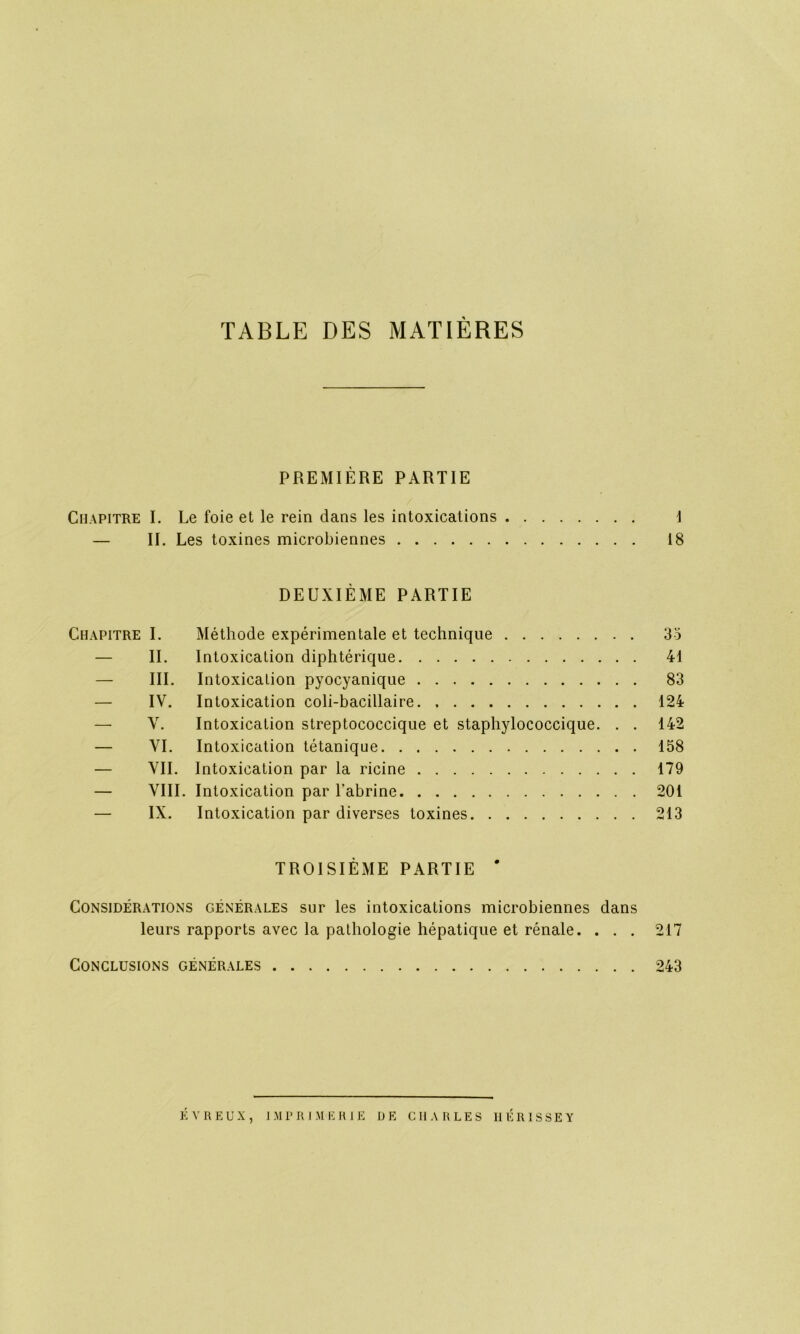 TABLE DES MATIÈRES PREMIÈRE PARTIE Chapitre I. Le foie et le rein dans les intoxications 1 — II. Les toxines microbiennes 18 DEUXIÈME PARTIE Chapitre I. Méthode expérimentale et technique 35 — IL Intoxication diphtérique 41 — III. Intoxication pyocyanique 83 — IV. Intoxication coli-bacillaire 124 — V. Intoxication streptococcique et staphylococcique. . . 142 — VI. Intoxication tétanique 158 — VIL Intoxication par la ricine 179 — VIII. Intoxication par l’abrine 201 — IX. Intoxication par diverses toxines 213 TROISIÈME PARTIE ' Considérations générales sur les intoxications microbiennes dans leurs rapports avec la pathologie hépatique et rénale. . . . 217 Conclusions générales 243 ÉYREUX, IMPRIMERIE DE CHARLES HERISSEY