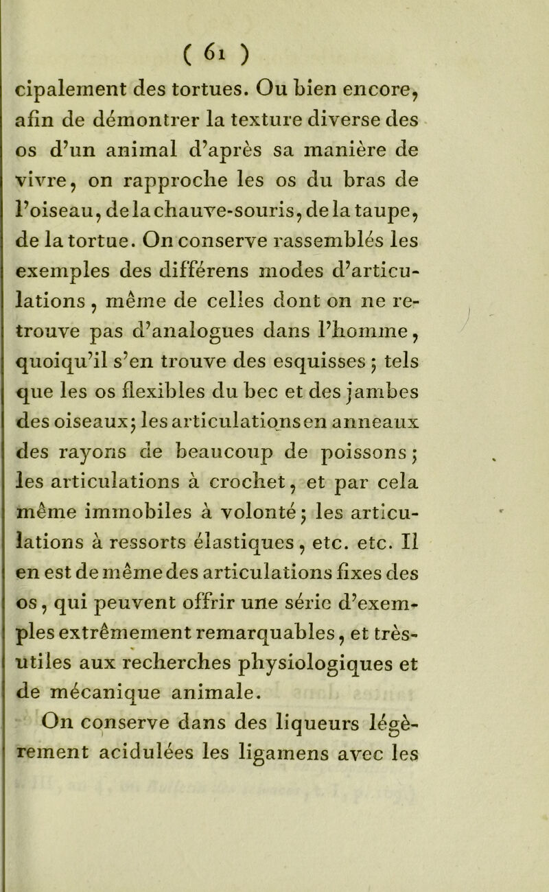 cipalement des tortues. Ou bien encore, afin de démontrer la texture diverse des os d’un animal d’après sa manière de vivre, on rapproche les os du bras de l’oiseau, de la chauve-souris, de la taupe, de la tortue. On conserve rassemblés les exemples des différens modes d’articu- lations , même de celles dont on ne re- trouve pas d’analogues dans l’homme, quoiqu’il s’en trouve des esquisses 5 tels que les os flexibles du bec et des jambes des oiseaux 5 les articulations en anneaux des rayons de beaucoup de poissons ; les articulations à crochet, et par cela même immobiles à volonté 5 les articu- lations à ressorts élastiques, etc. etc. Il en est de même des articulations fixes des os, qui peuvent offrir une série d’exem- ples extrêmement remarquables, et très- utiles aux recherches physiologiques et de mécanique animale. On conserve dans des liqueurs légè- rement acidulées les ligamens avec les