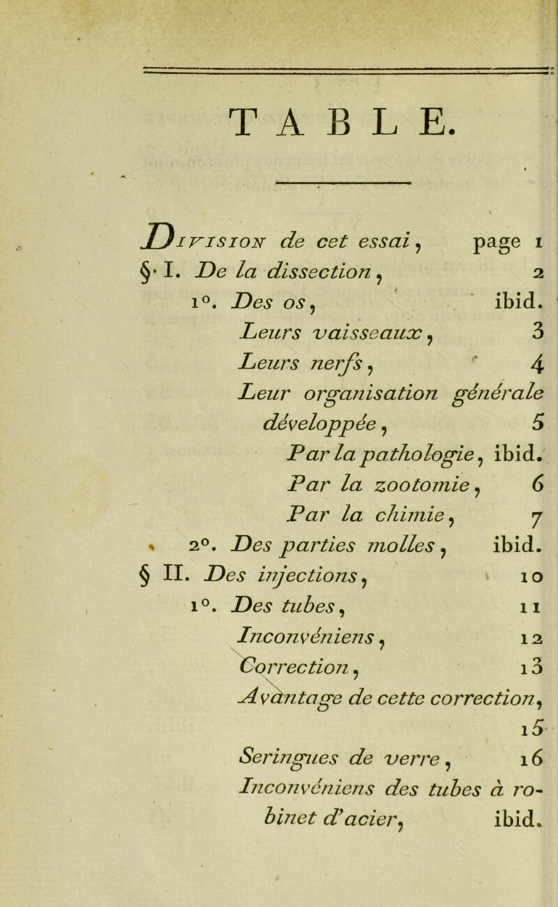 TABLE. page 1 2 ibid. 3 4 DinsioN de cet essai ^ §• I. De la dissection^ J 1^. Des os y Leurs vaisseaux ^ Leurs nerfs, Leur orgaTiisation générale développée, 5 Parla pathologie ^ ibid. Par la zootomie ^ 6 Par la chimie^ s Des parties molles ^ § II. Des injections ^ 1°. Des tubes ^ Inconvéniens ^ Coi Tection, Avantage de cette correction^ i5 Seringues de verre , 16 Inconvéniens des tubes à ro- binet d^ acier ^ ibid. 7 ibid. 10 11 1 1 üo to