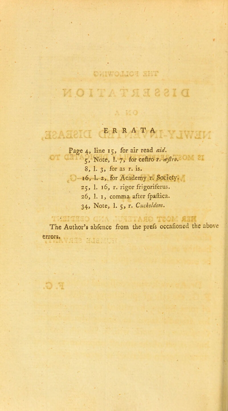 f 7' .0 I i s a i a ERRATA Page 4, line 15, for air read aid. 5, Note, 1. 7, for ceftro r. iejlro. 8, 1. 3, for as r. is. 16, 1. 2, for Academy r. Society. 25, 1. 16, r. rigor frigoriferus. 26, 1. 1, comma after fpaftica. 34, Note, 1. 5, r. Cuckoldm. The Author’s abfence from the prefs occafioned the above errors. H